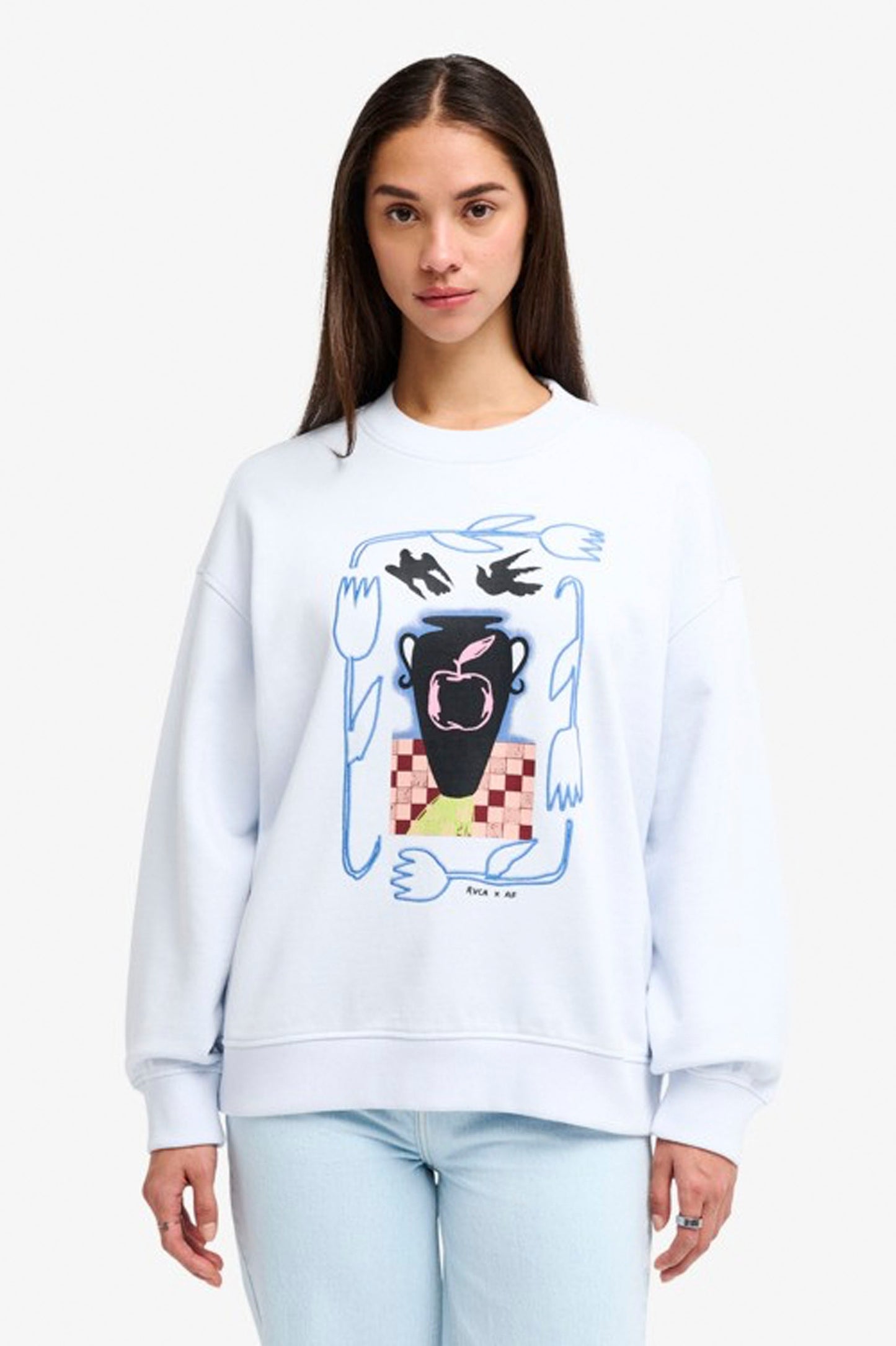 RVCA AF Love Birds BF Crew in BFN0 – women's navy oversized graphic crew sweatshirt, new arrival at Pukas Surf Shop