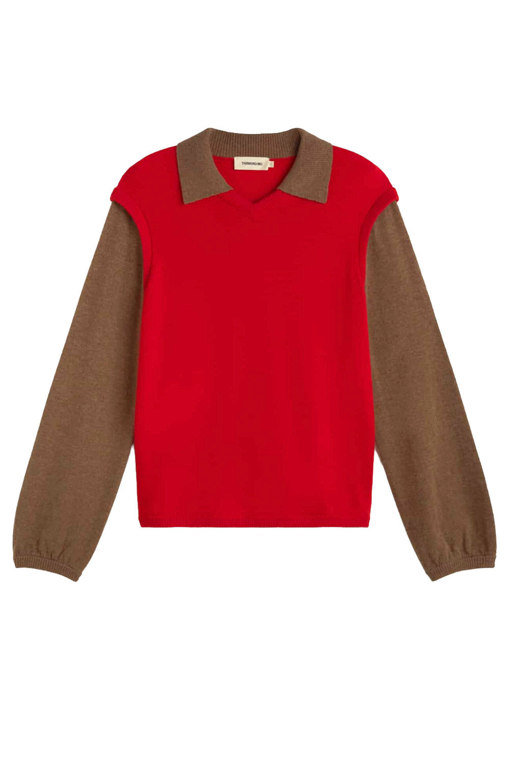 A red knit sweater vest with contrasting brown long sleeves, a brown collar, and a V-neckline, shown flat on a white background.