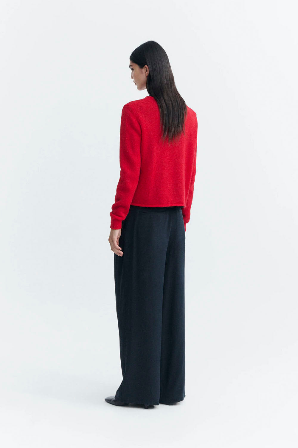 Thinking Mu Leila sweater in red, made with mohair and merino wool on a white background