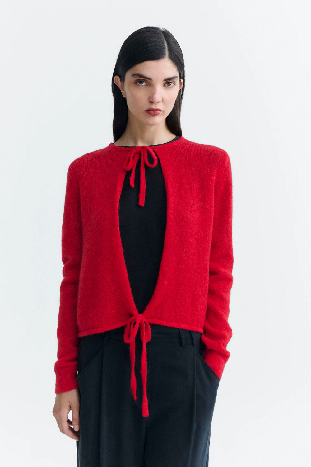 Thinking Mu Leila sweater in red, made with mohair and merino wool on a white background