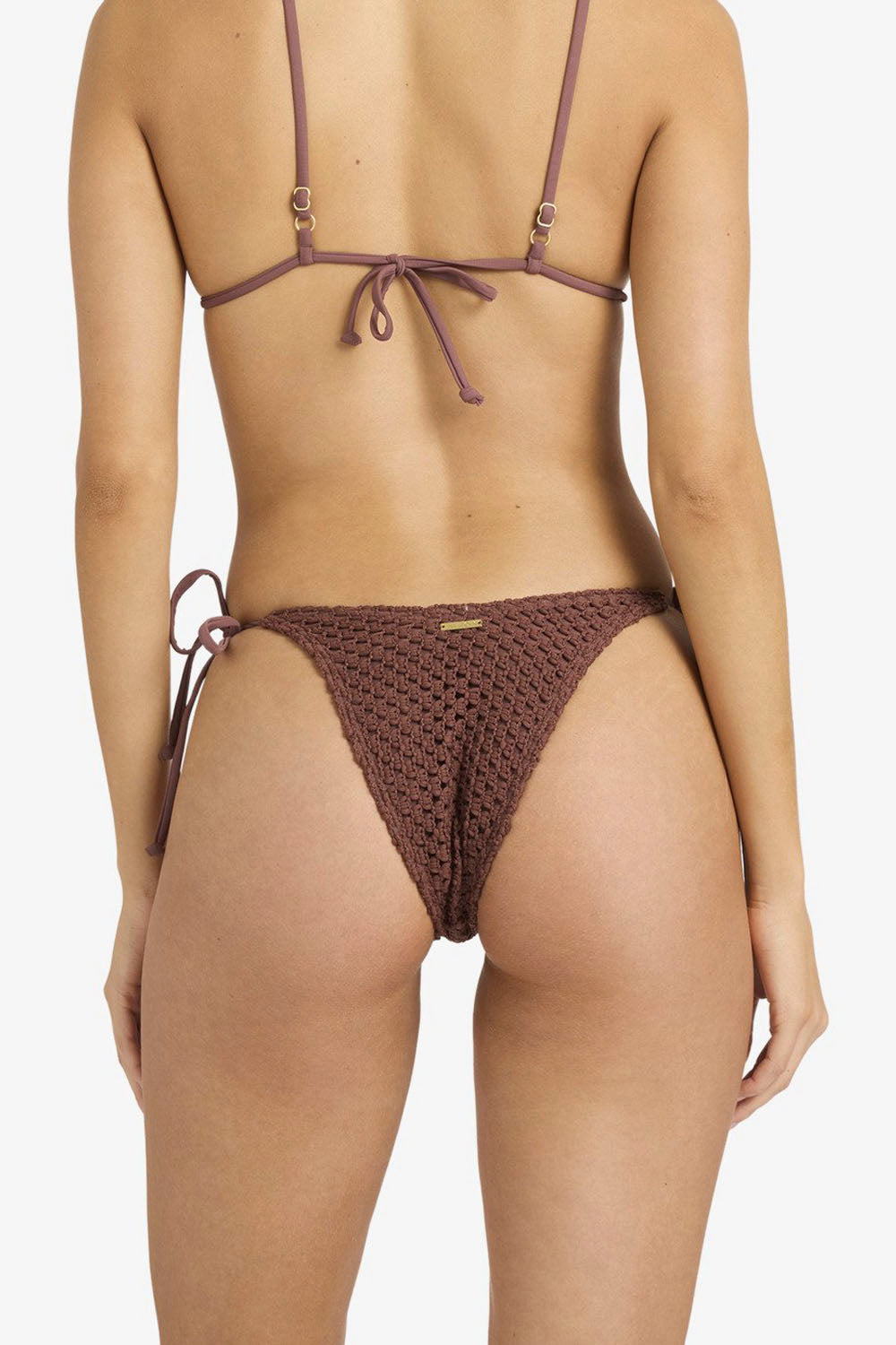 Billabong Twisted Tides Tie Side Dippy Bottom in Espresso —  woman wearing high-cut tie-side bikini bottom on white background