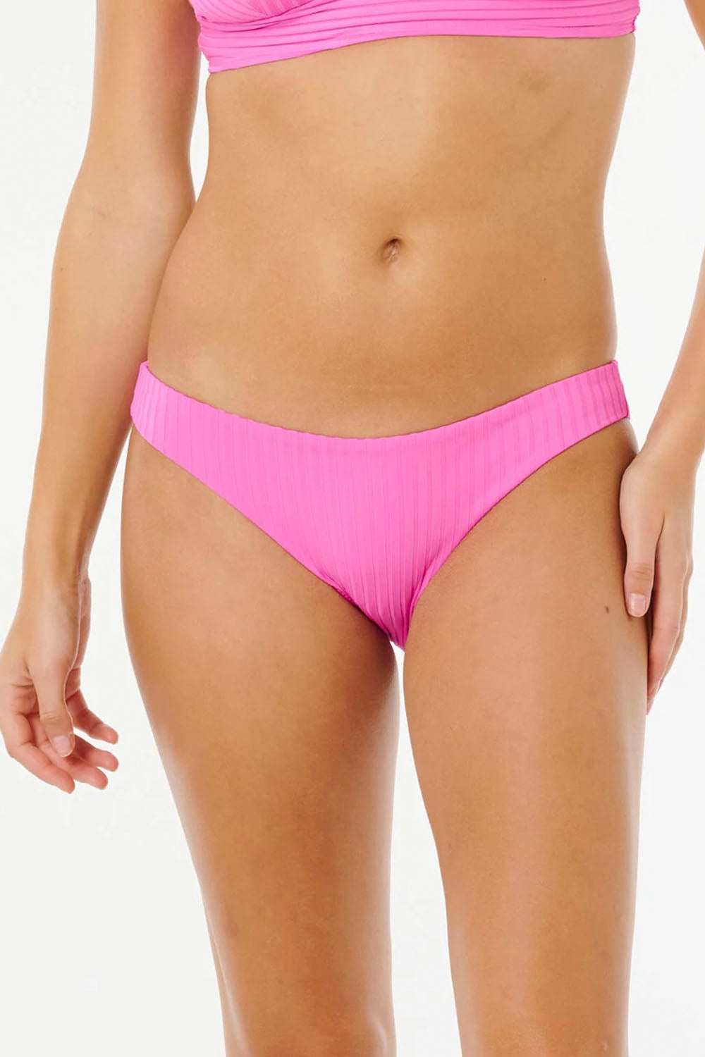 Person wearing a pink bikini on a white background
