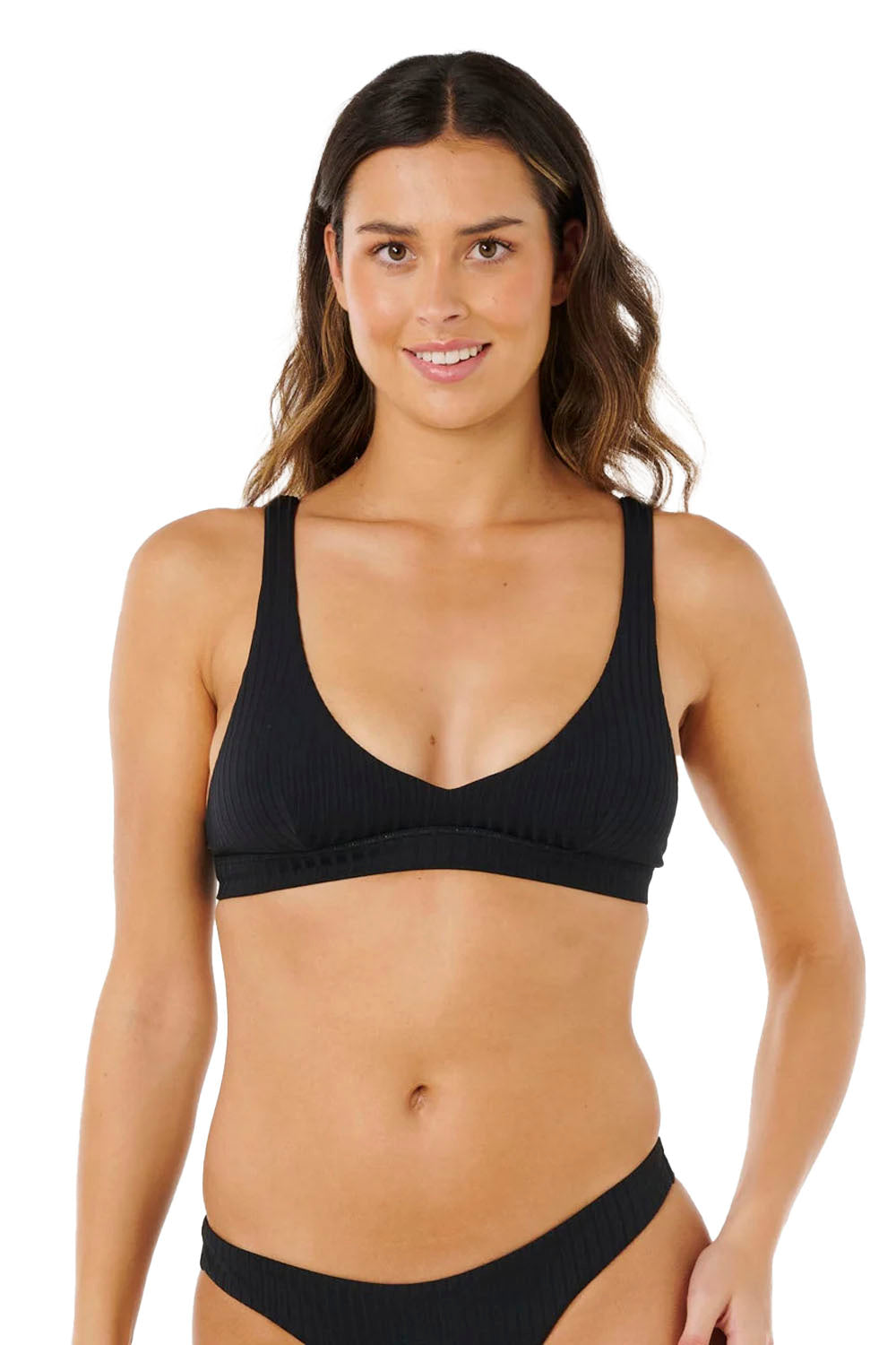 Woman wearing a black bikini on a white background