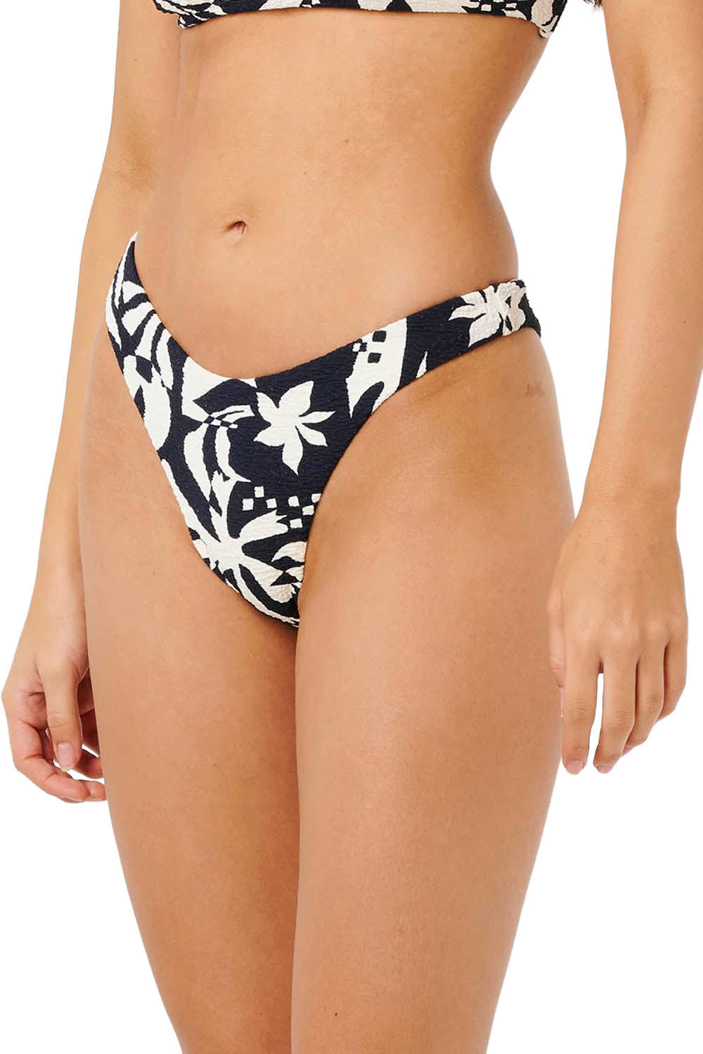 Black and white floral bikini bottom on a plain background