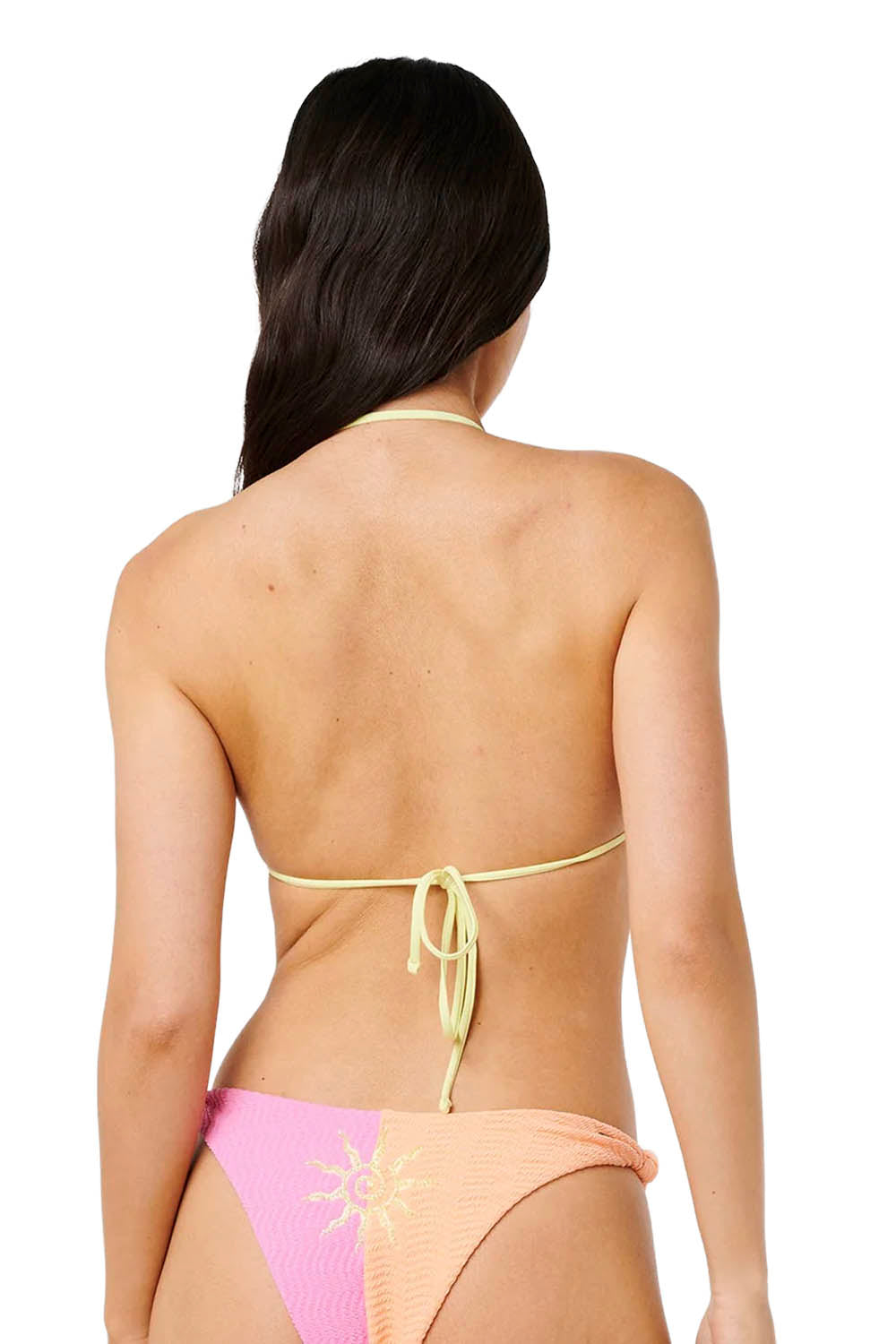 Woman wearing a two-tone bikini with pink and beige colors on a white background
