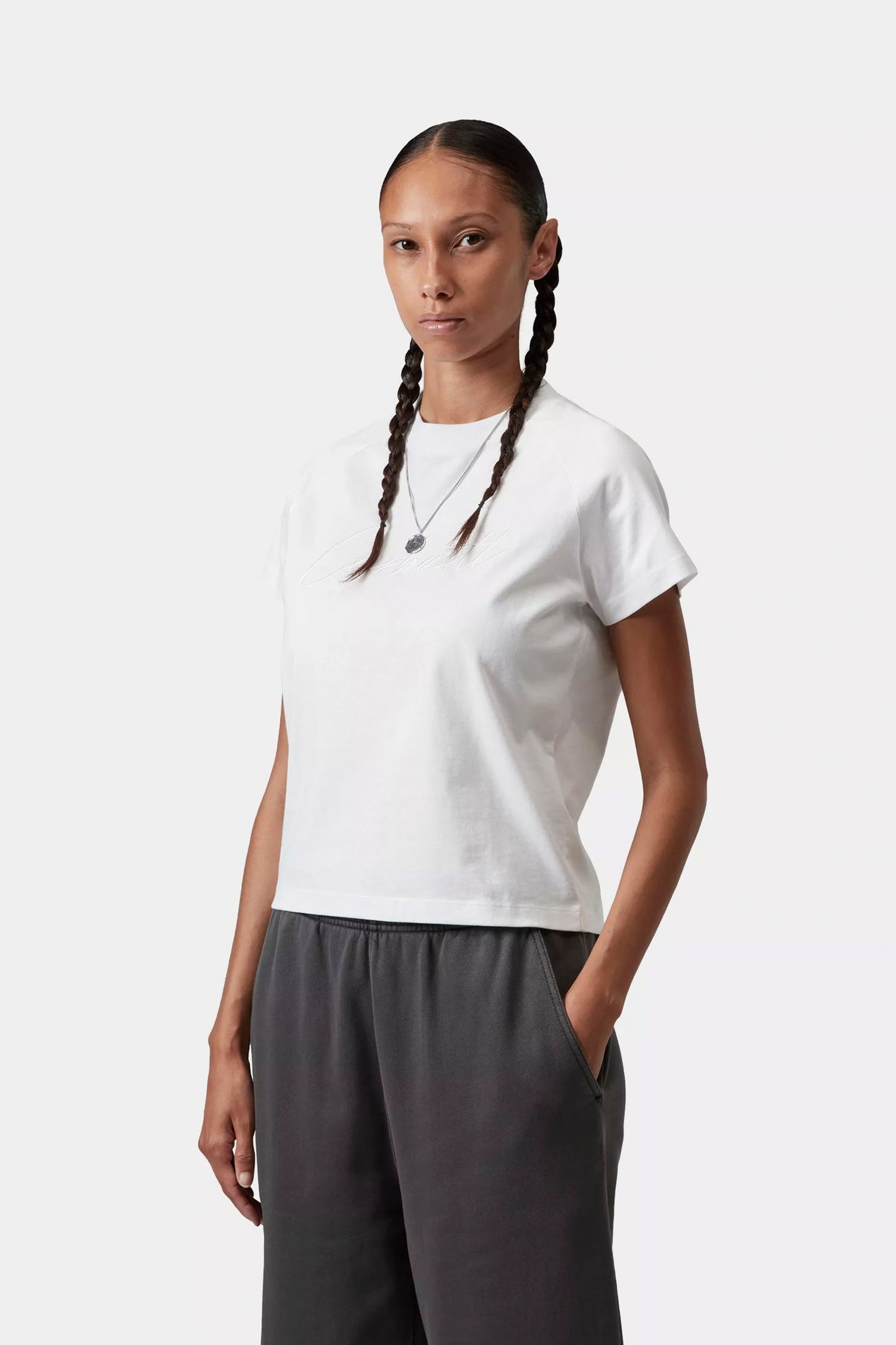 Pukas Surf Shop Carhartt WIP white slim-fit tee organic cotton chest embroidery