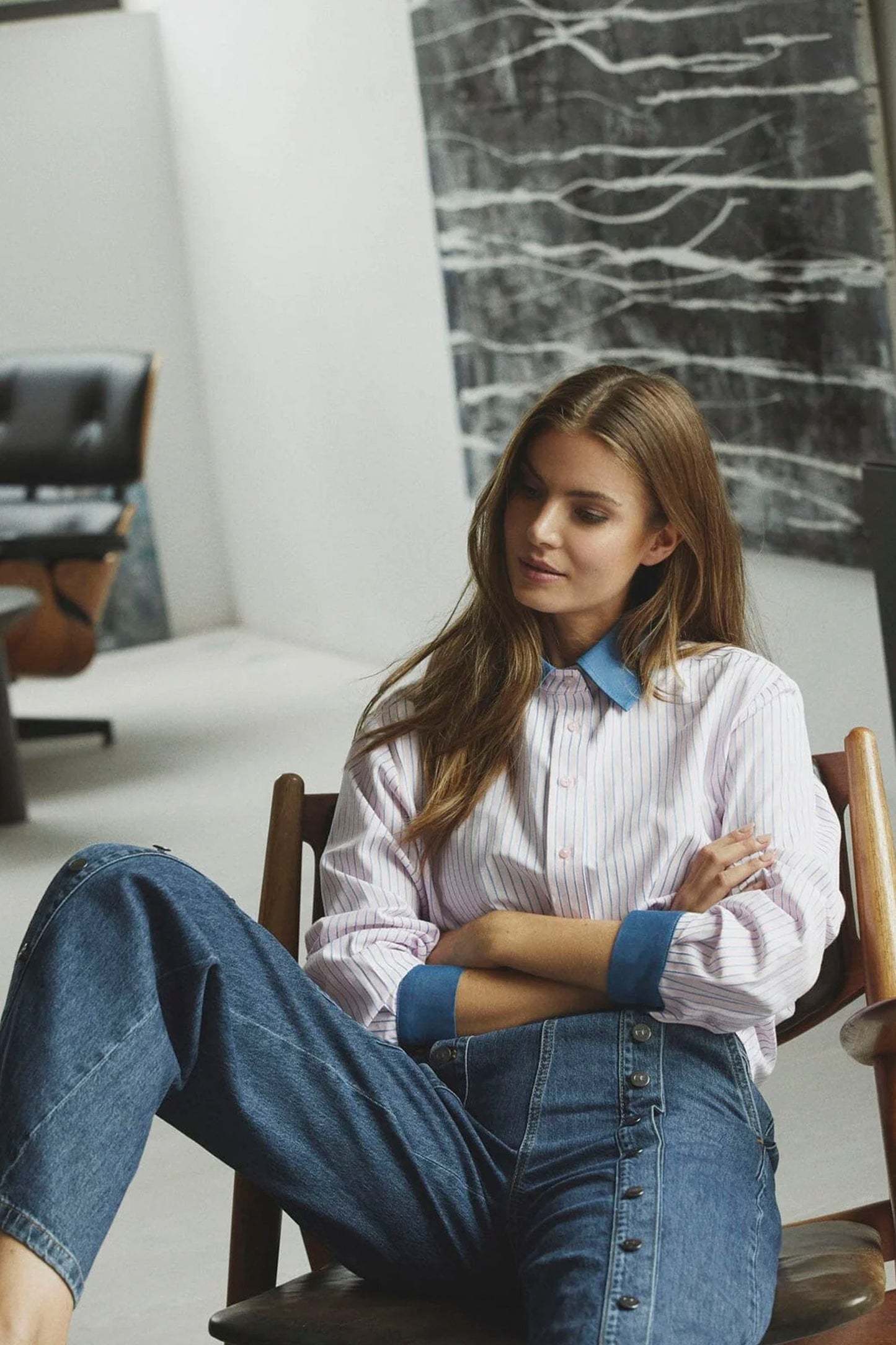 CO'COUTURE KARINACC STRIPE MIX SHIRT - Back view showing candyfloss pink fabric with blue collar detail