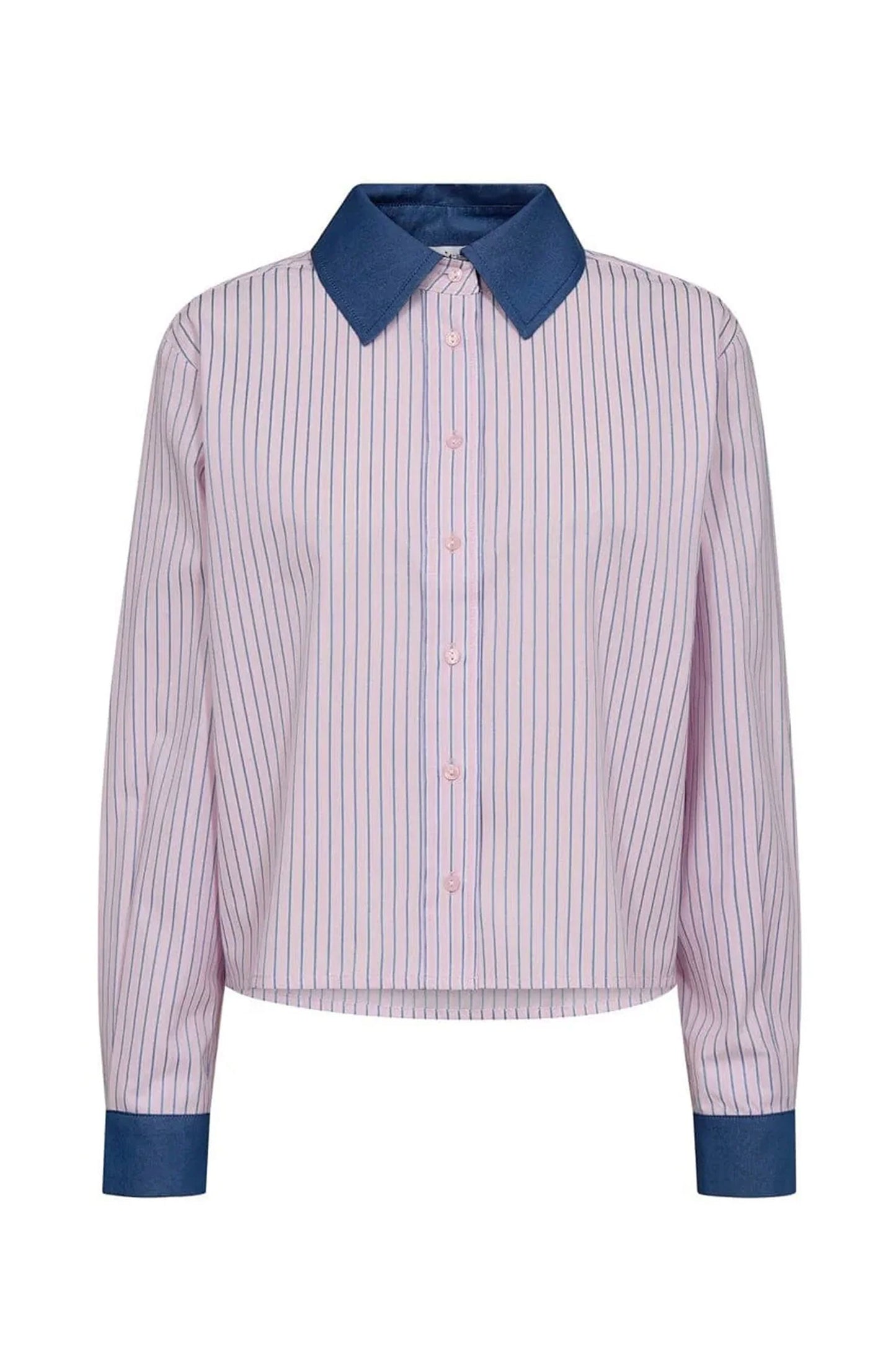 CO'COUTURE KARINACC STRIPE MIX SHIRT - Front view featuring contrasting blue collar and striped accents