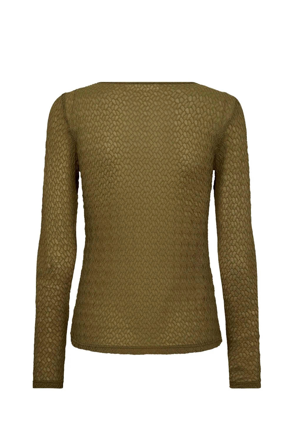 An olive green textured knit sweater with long sleeves, shown from the back on a plain white background.