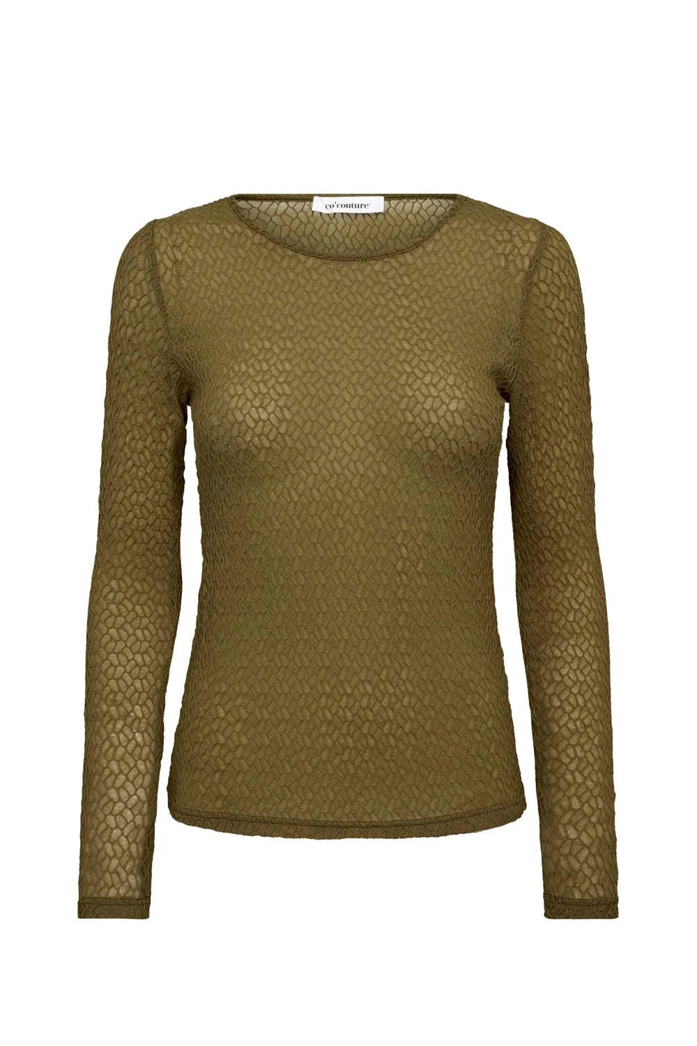 An olive green long-sleeve knit top with a textured, patterned mesh design, shown on a plain white background.