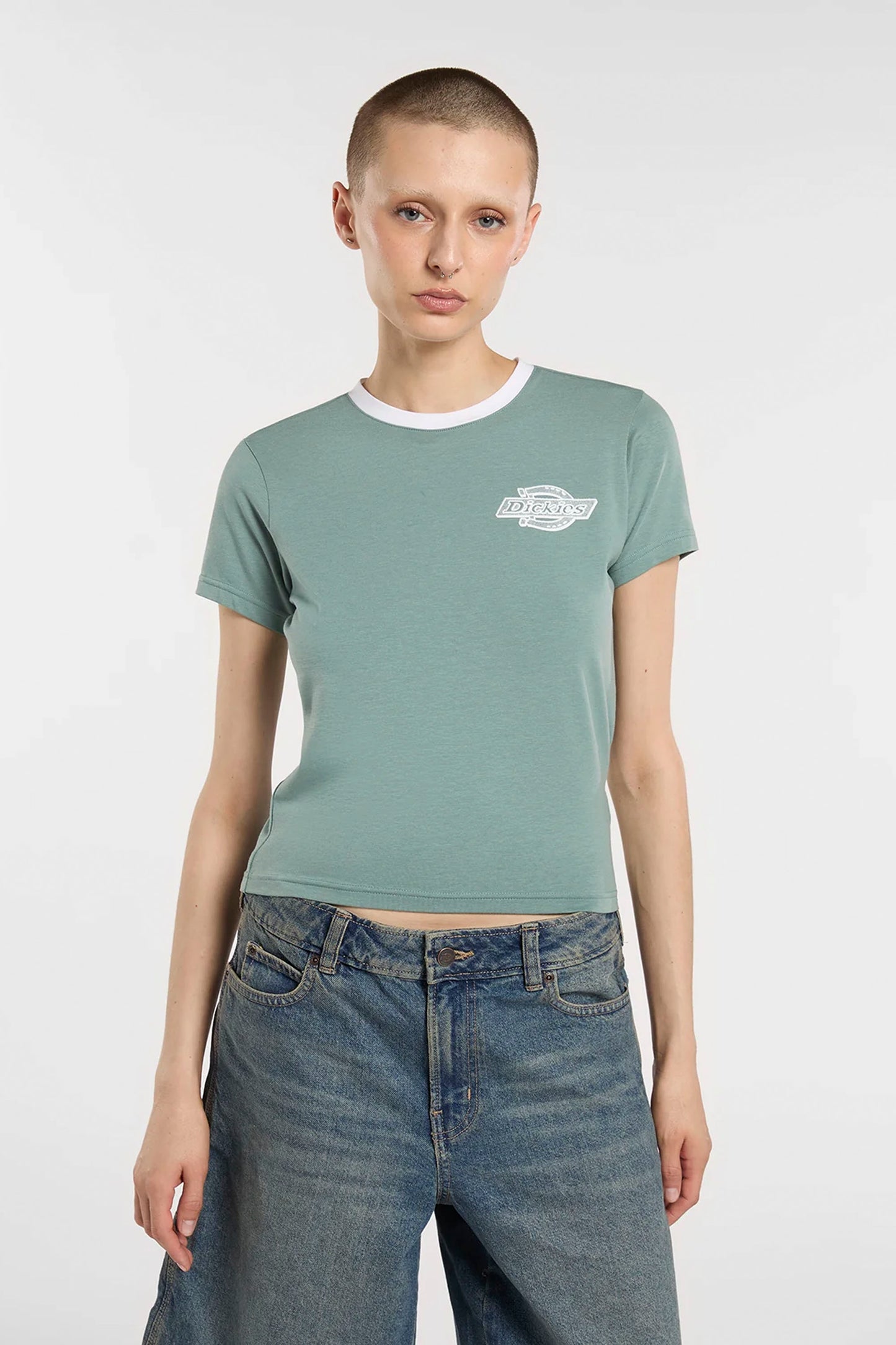 DICKIES Plainville slim-fit ringer tee in stormy sea blue with contrast ribbed trim for women