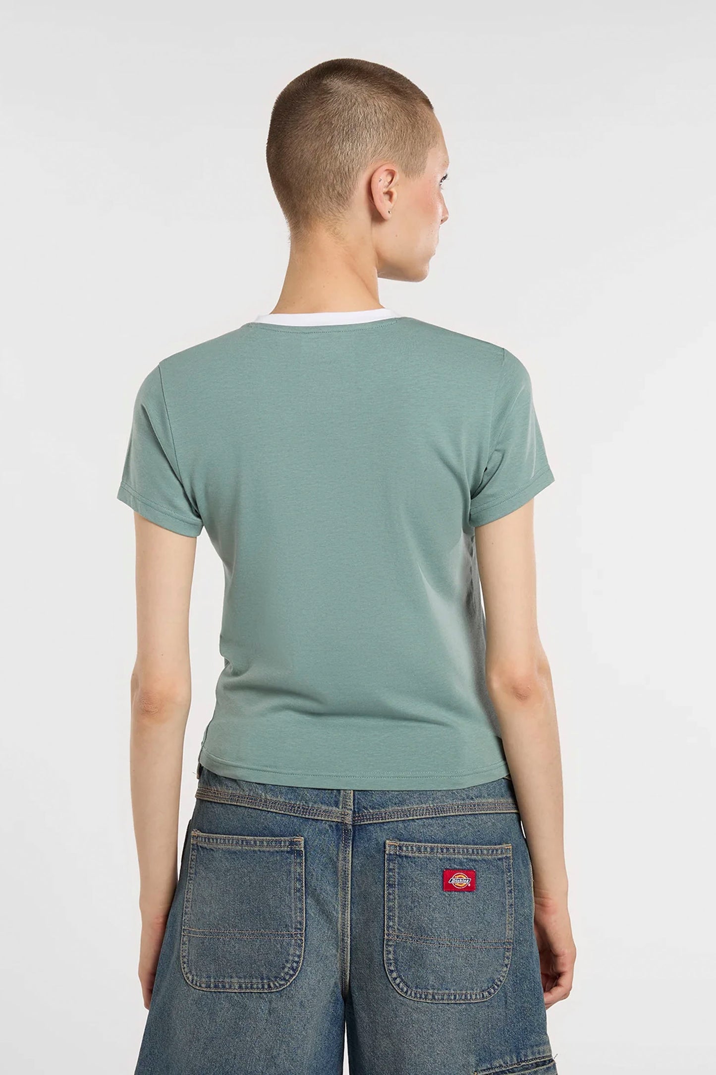 DICKIES Plainville slim-fit ringer tee in stormy sea blue with contrast ribbed trim for women
