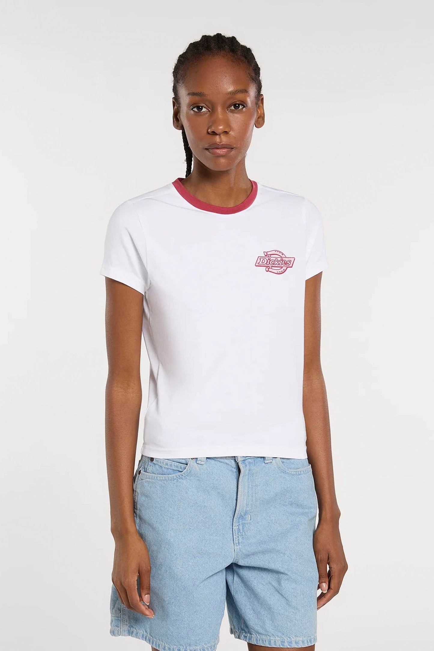 DICKIES Plainville slim-fit ringer tee in white with contrast ribbed trim for women