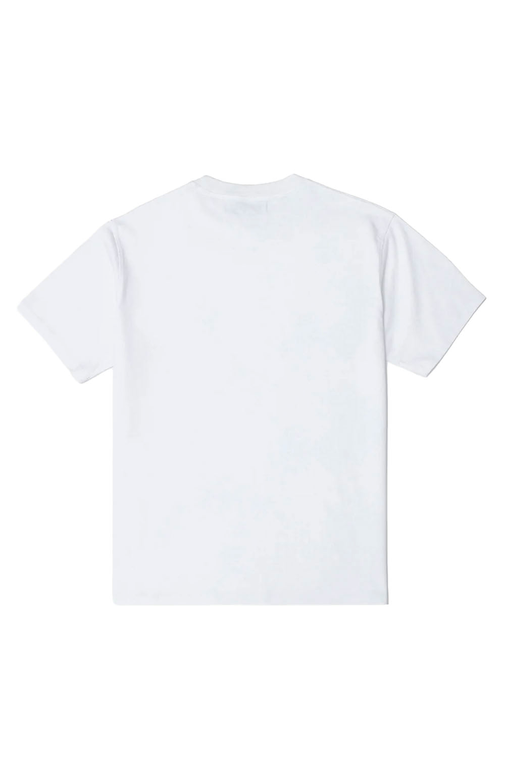A plain white short-sleeve crewneck t-shirt shown from the back, laid flat against a solid white background.