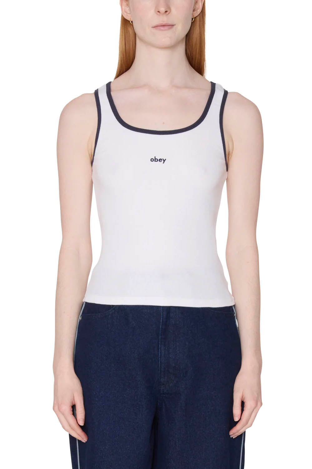 White tank top with black trim worn by a person on a white background