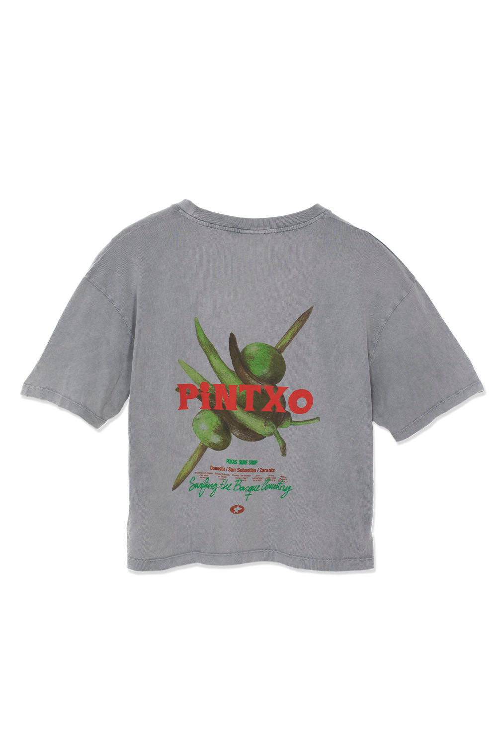 Gray t-shirt with green and red graphic design on a white background