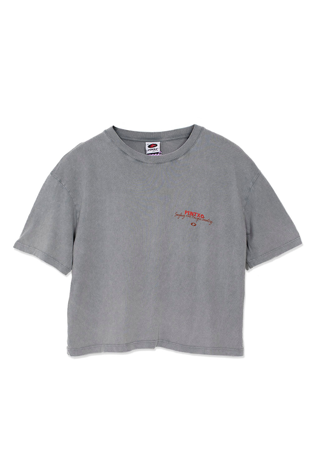 Gray t-shirt with a small logo on a white background
