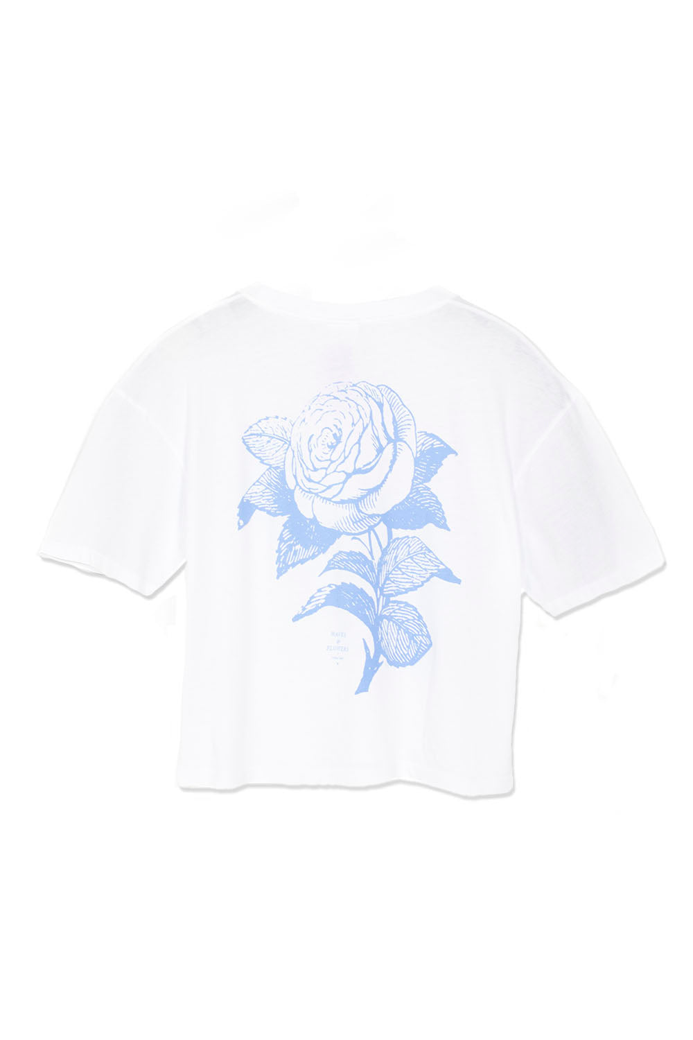 White t-shirt with blue floral design on a white background