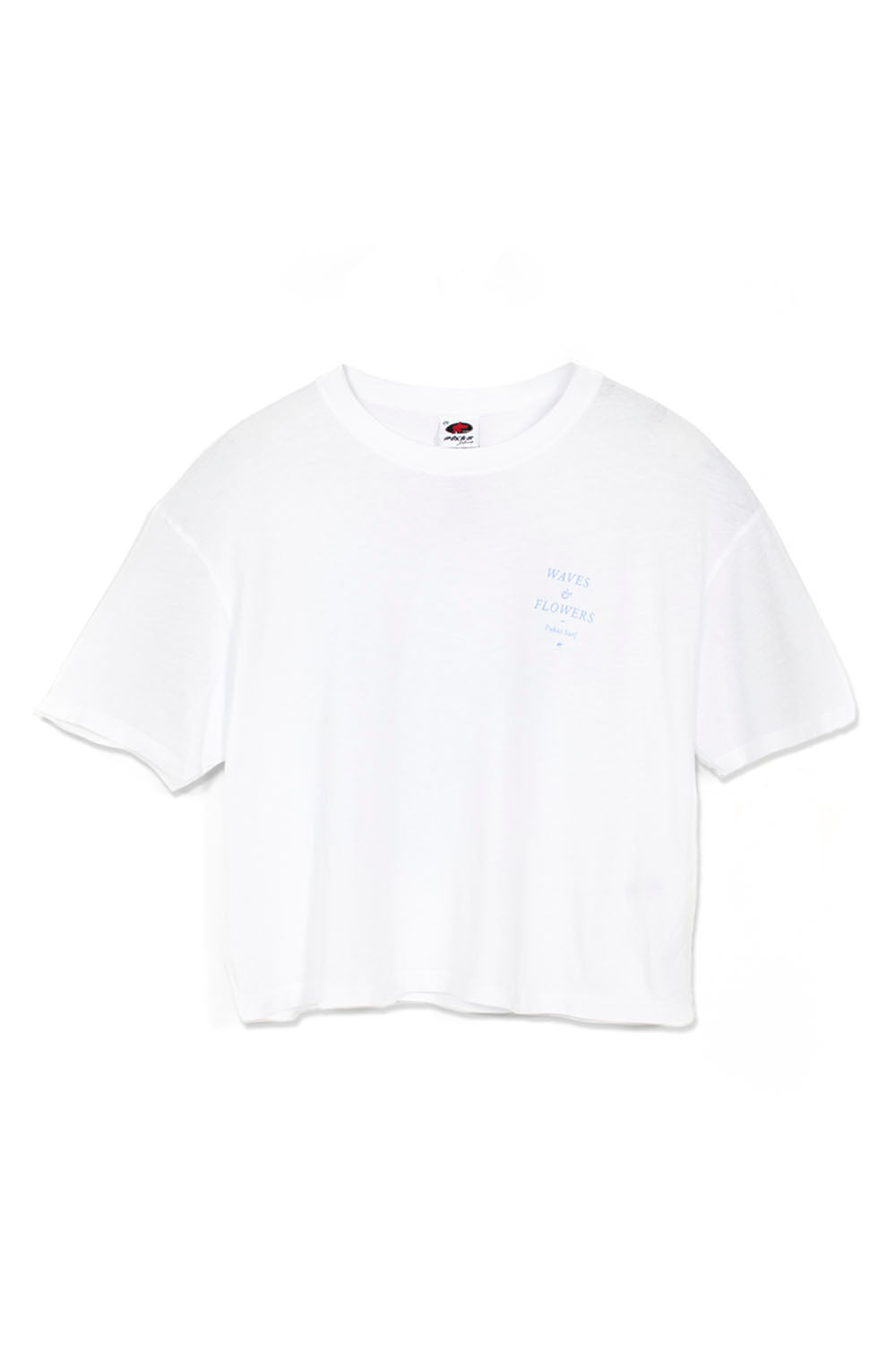 White t-shirt with a small logo on a white background