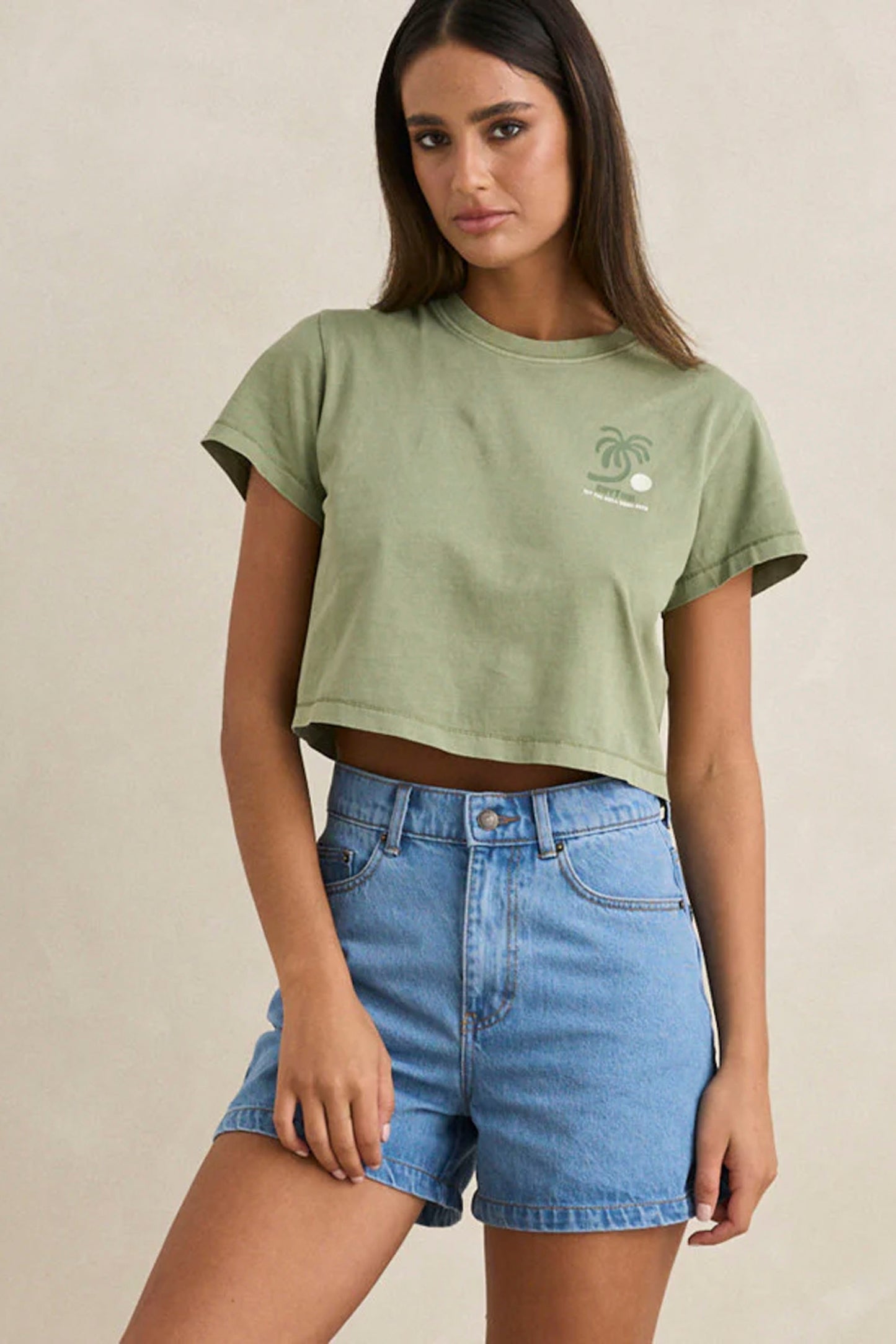 RHYTHM Island Crop Crew Tee in palm tree color - boxy fit cropped women's cotton tee with coastal print