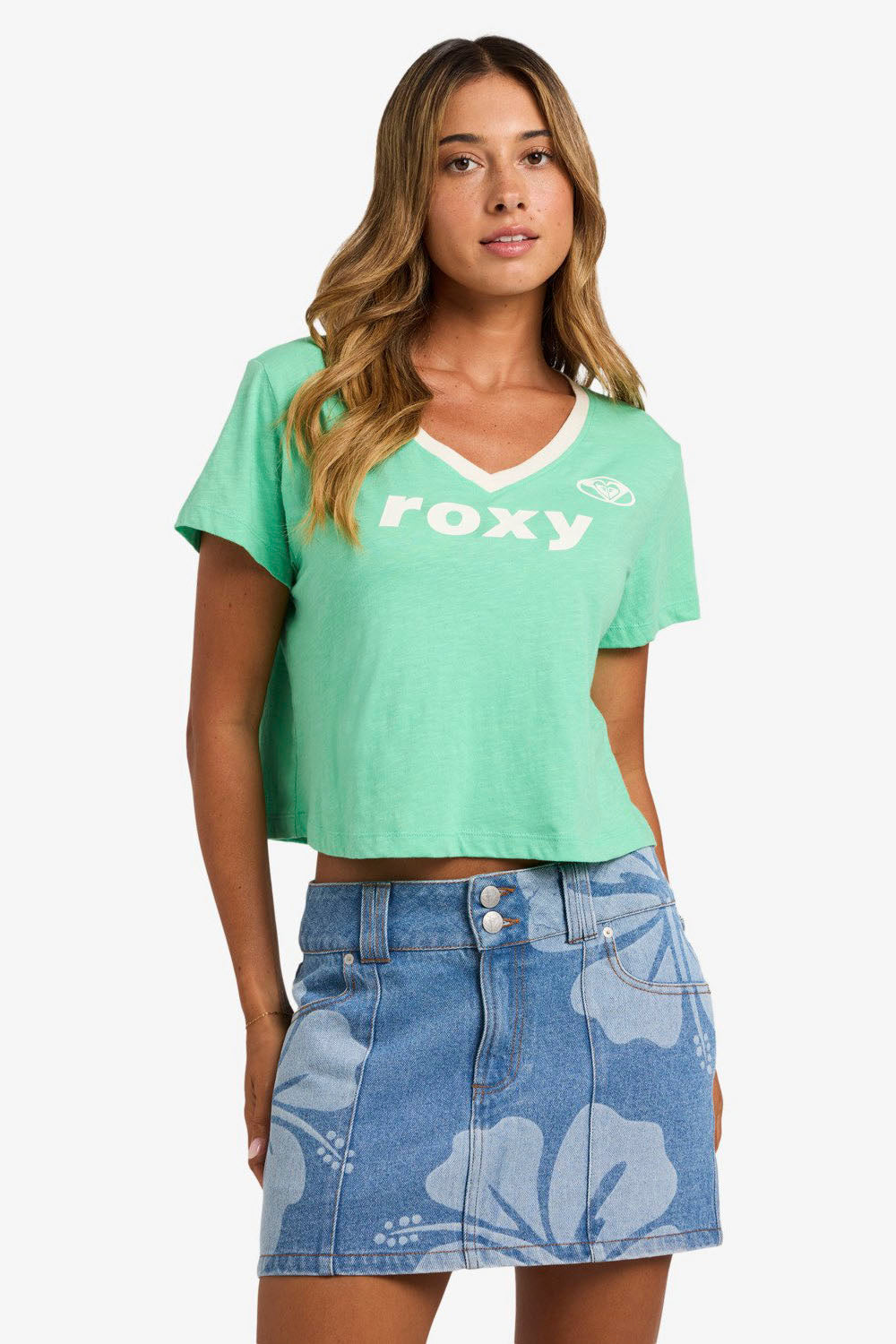 Roxy Always Lucky Tee – model detail shot, product and fit view