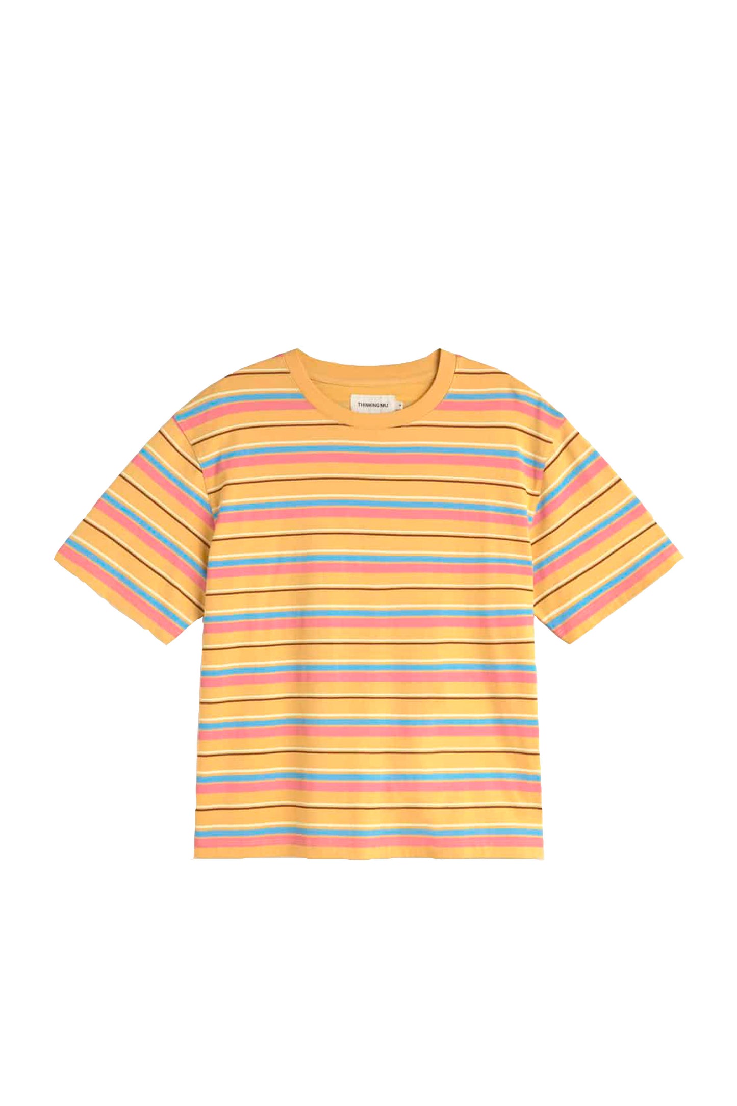 Multicolored Thinking Mu striped t-shirt on a white background