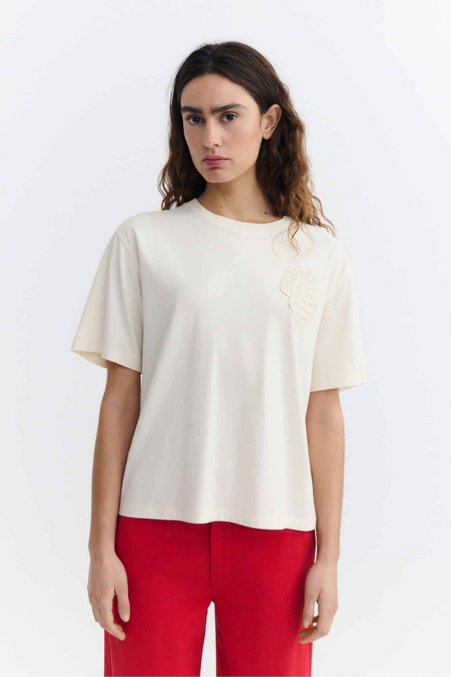 Thinking Mu Lucia Tee Shell in Pannacotta — women's relaxed tee, warm beige tone