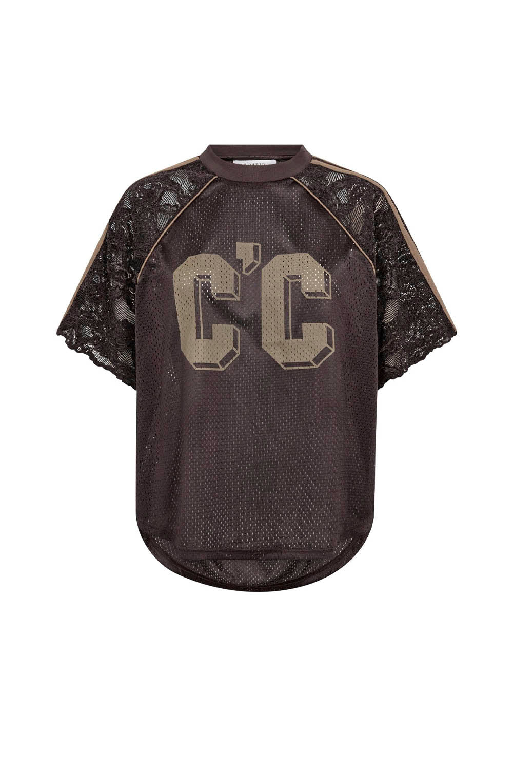 A dark brown mesh t-shirt with black lace raglan sleeves and a large beige 'CC' logo on the front, shown against a plain white background.