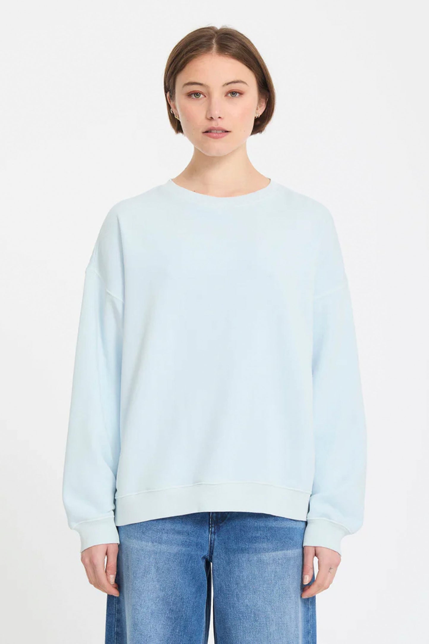 VOLCOM Stone Soft Crew in light blue acid - relaxed fit crew neck sweatshirt with acid wash and Stone embroidery for women