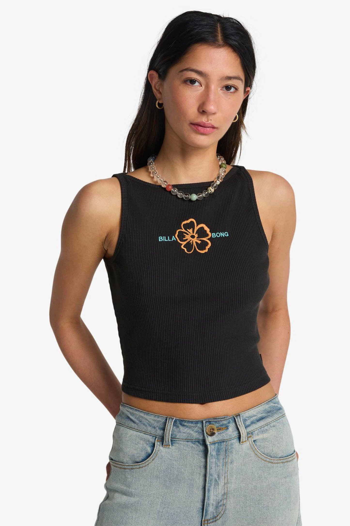Billabong Go For It tank - front view of women's ribbed cotton tank with scoop neck and embroidery
