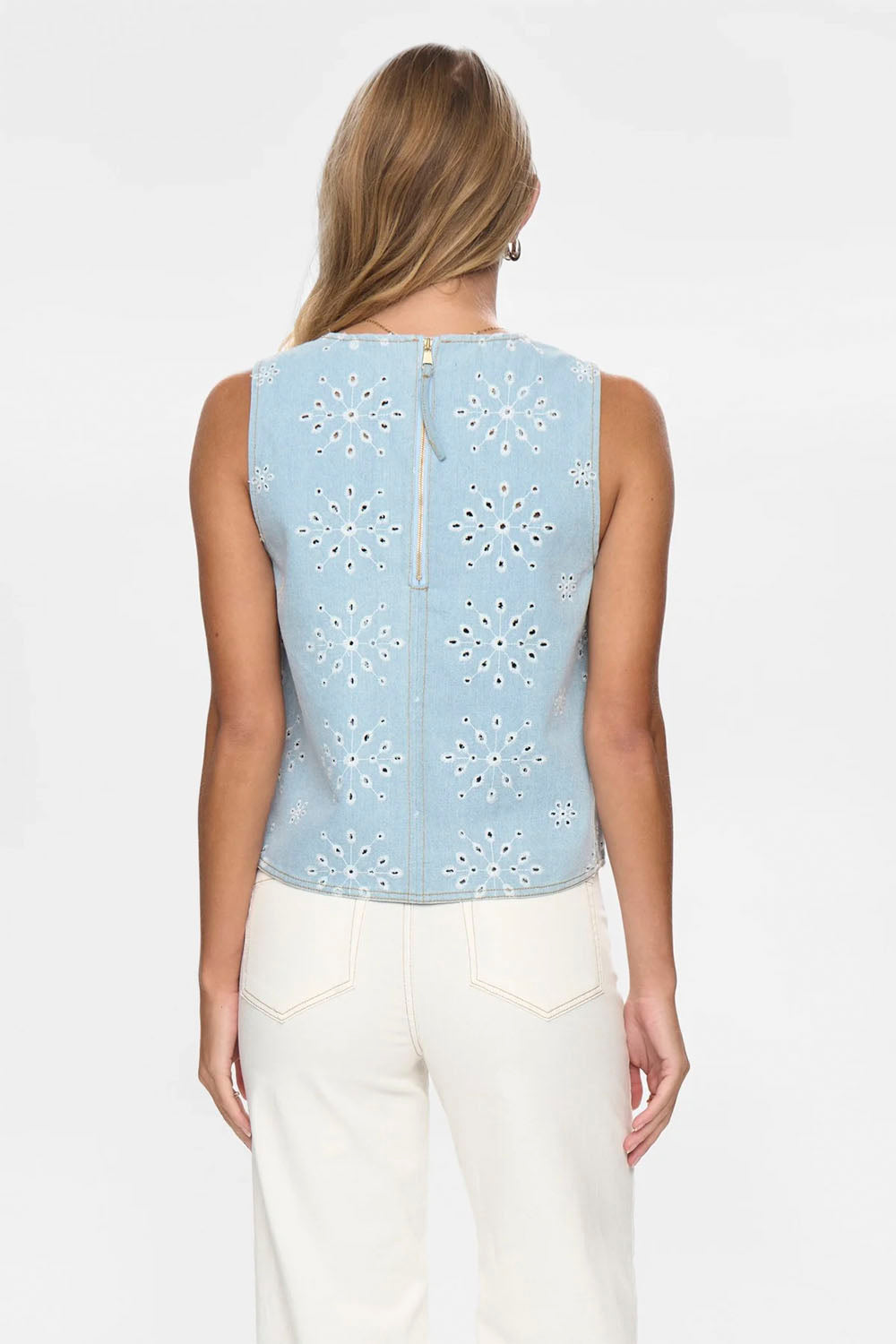 NÜMPH Nudelilah Top in Light Blue Denim – women's structured denim top, available at Pukas Surf Shop