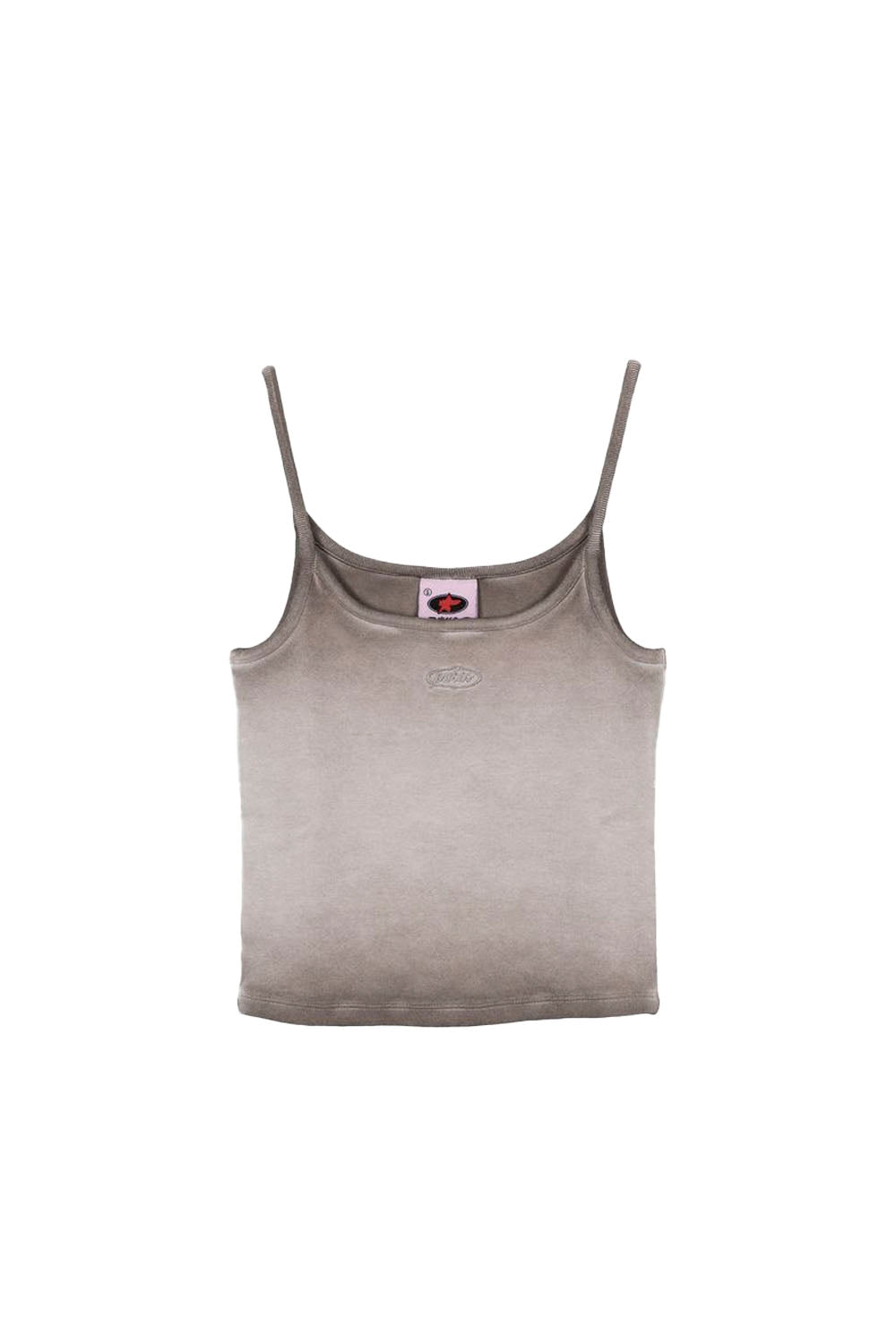 Gray tank top with a brand label on a white background