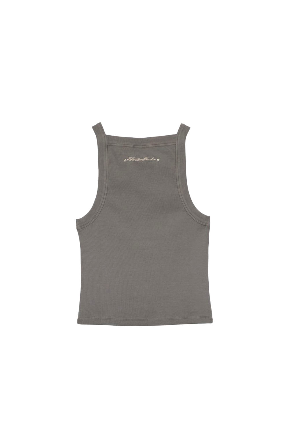Gray tank top with a brand logo on the back against a white background