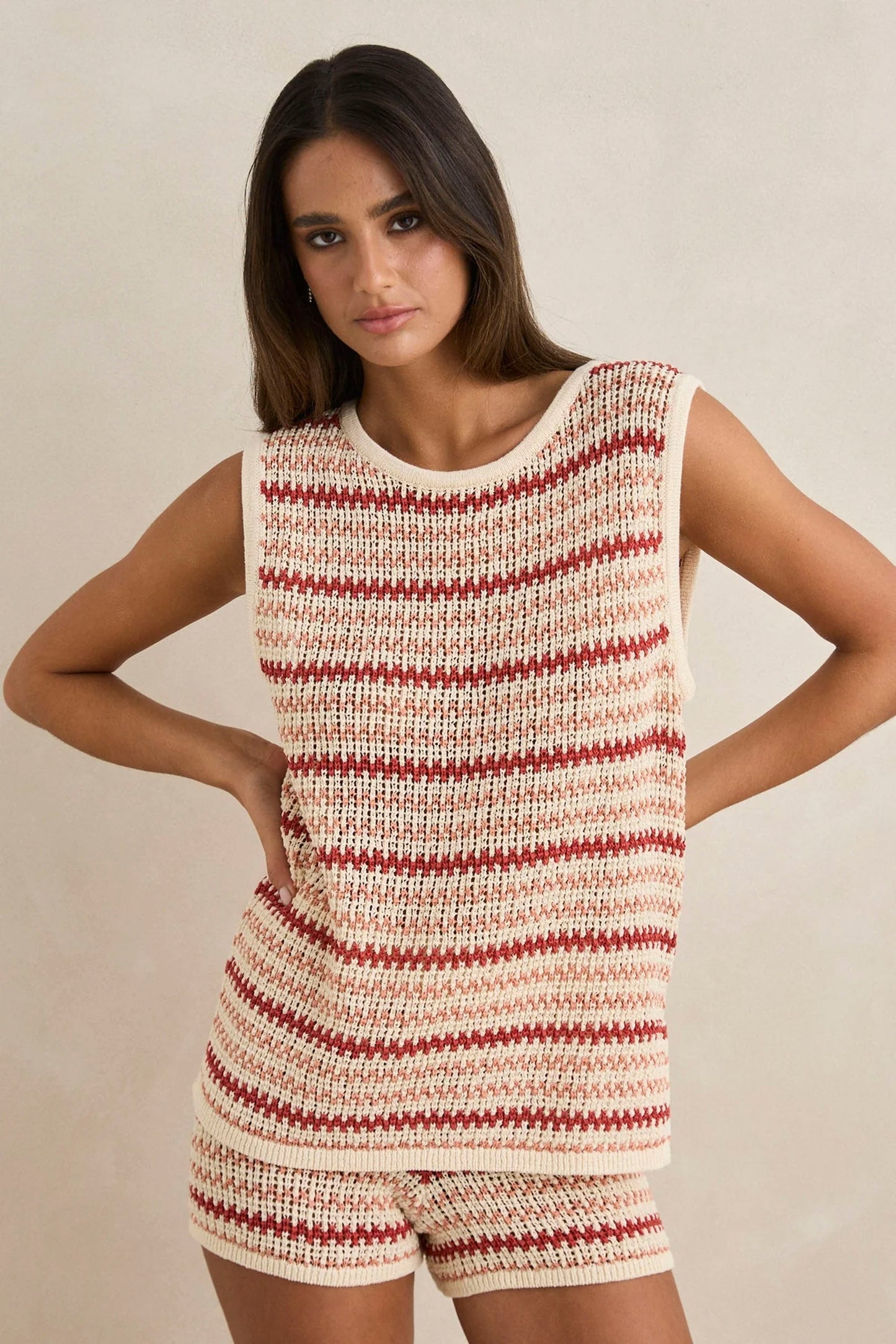 RHYTHM Tami Stripe Knit Longline Tank in watermelon featuring vibrant stripes and relaxed longline fit