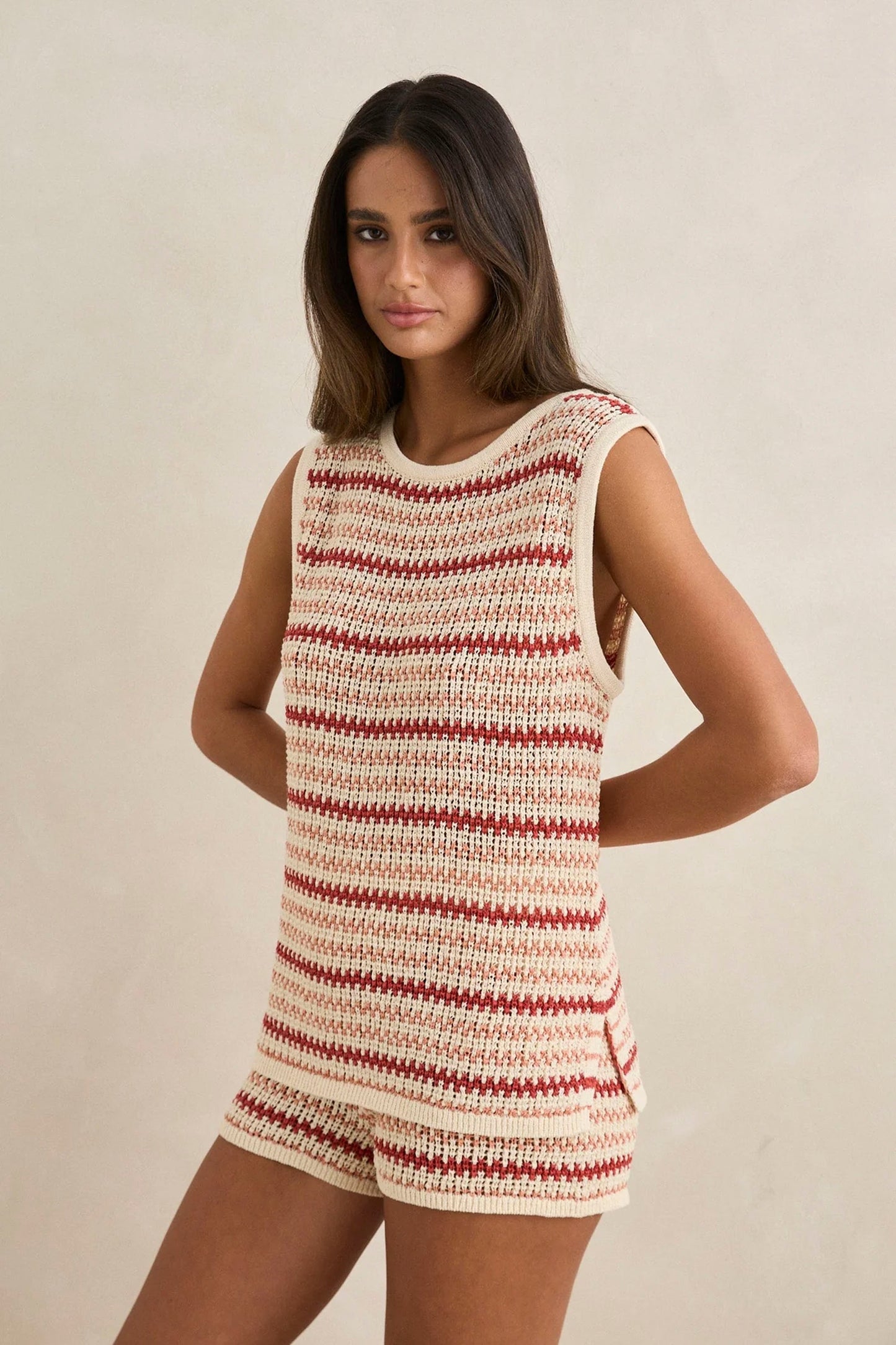 RHYTHM Tami Stripe Knit Longline Tank in watermelon featuring vibrant stripes and relaxed longline fit