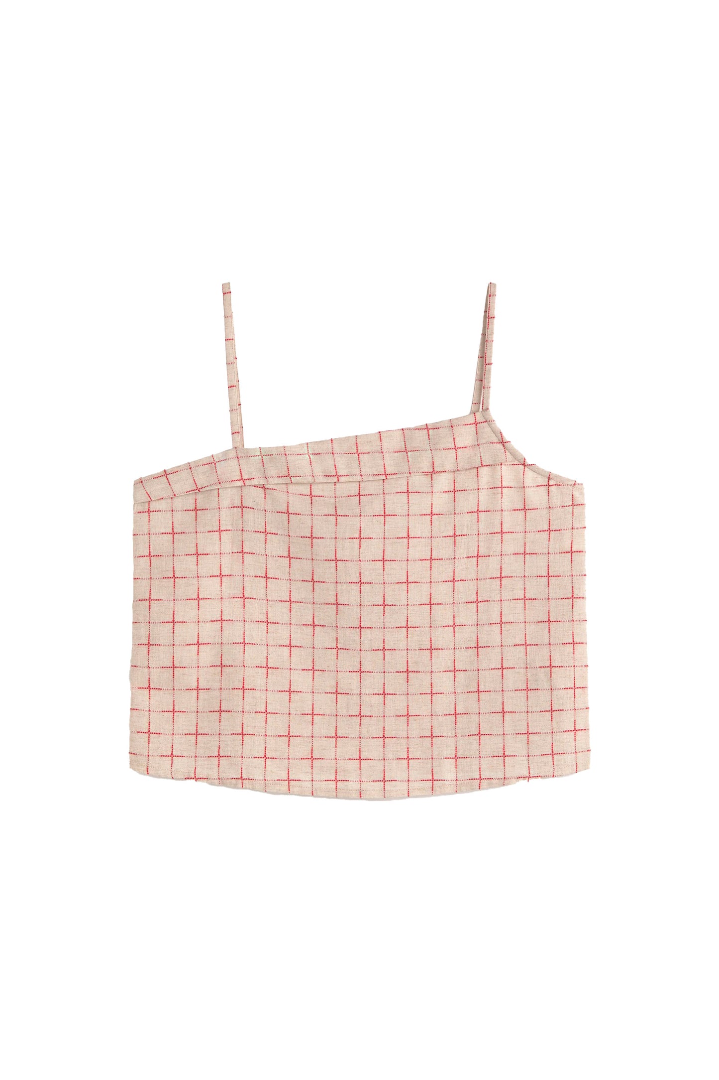 Red checkered Thinking Mu Raida top with thin straps on a white background