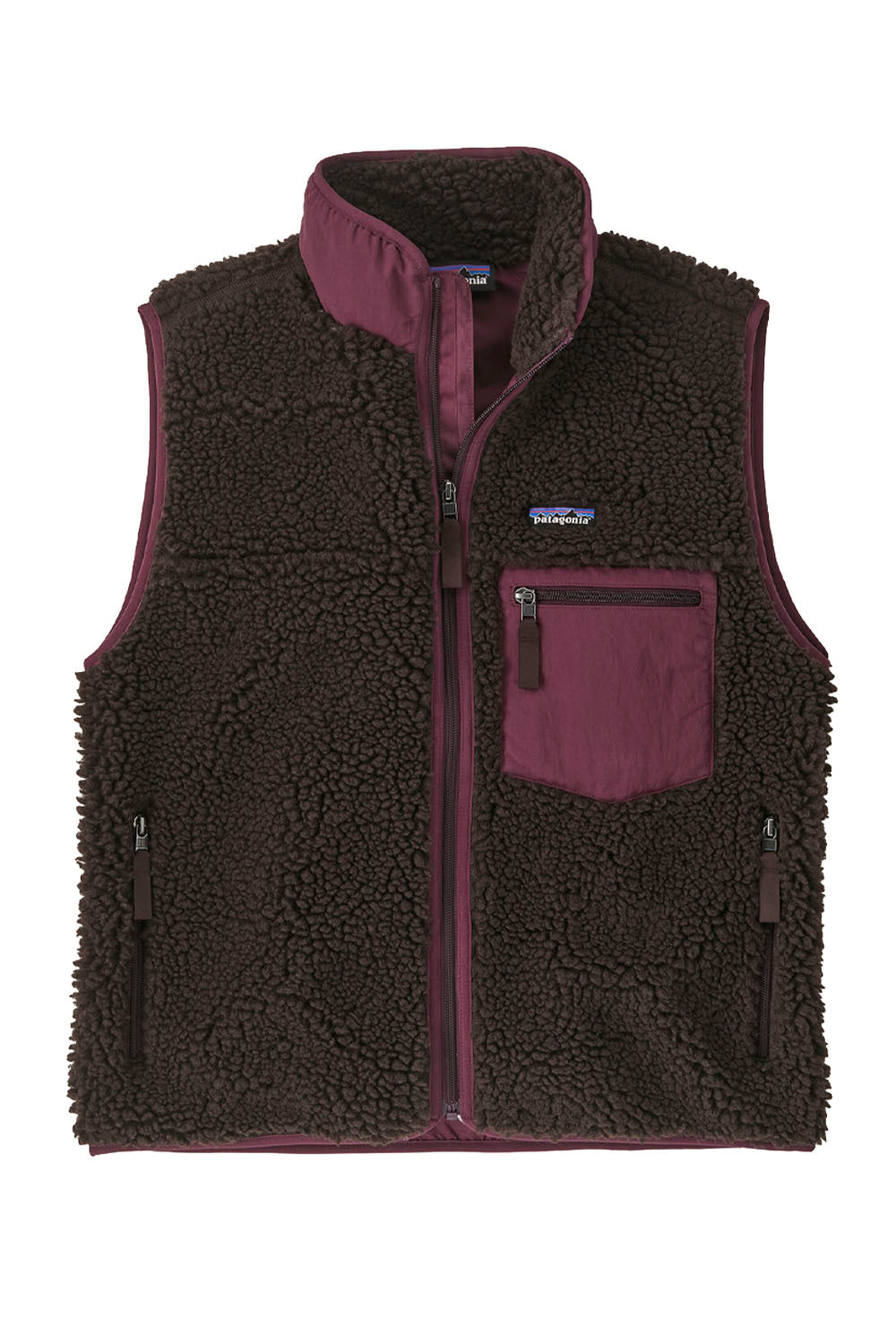 A Patagonia fleece vest in dark brown and burgundy, featuring a full-zip front, a stand-up collar, and a chest pocket with a zippered pocket.