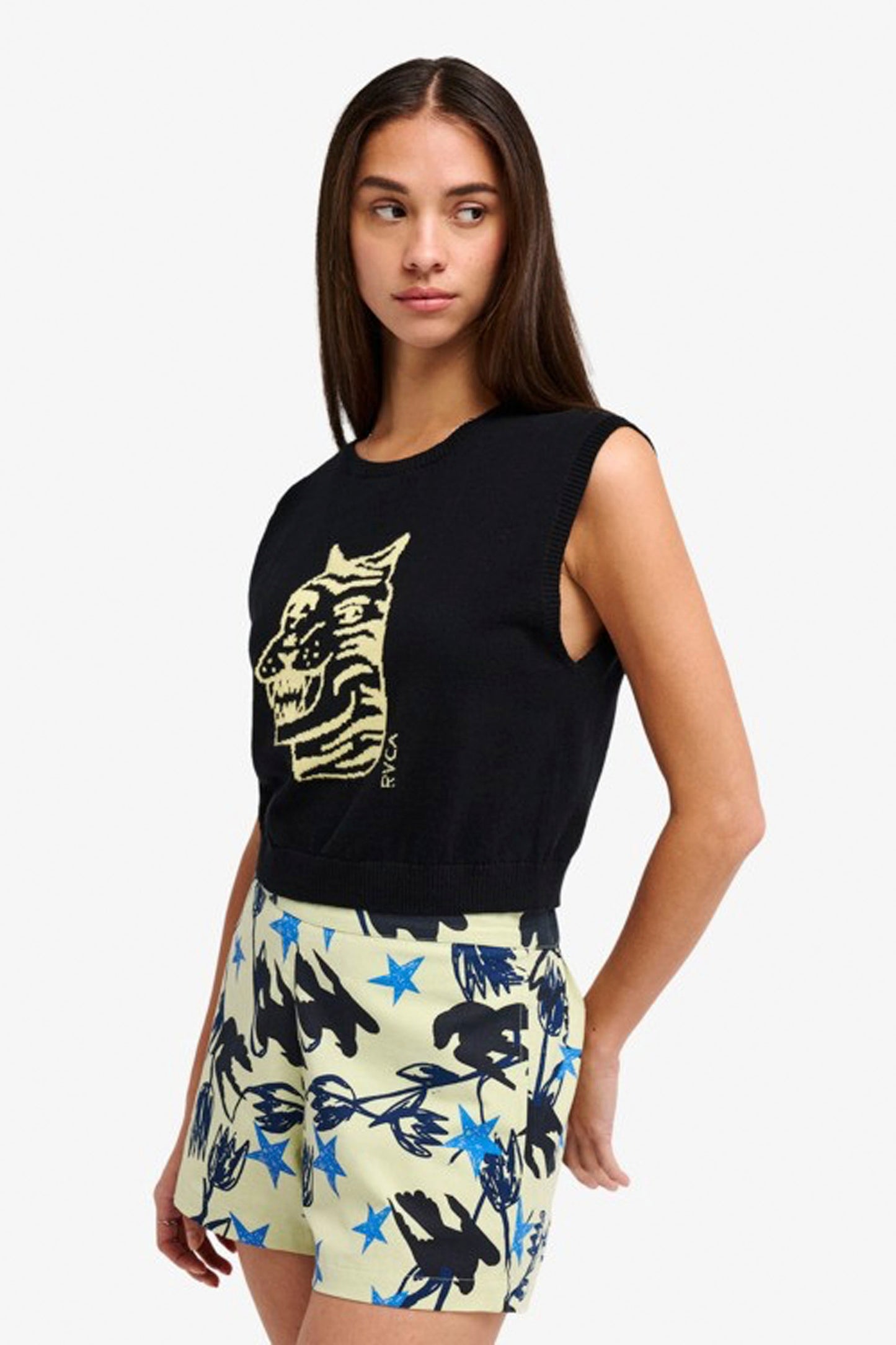 RVCA AF Tiger Sweater in KYG0 – women's yellow graphic sweater, new arrival at Pukas Surf Shop