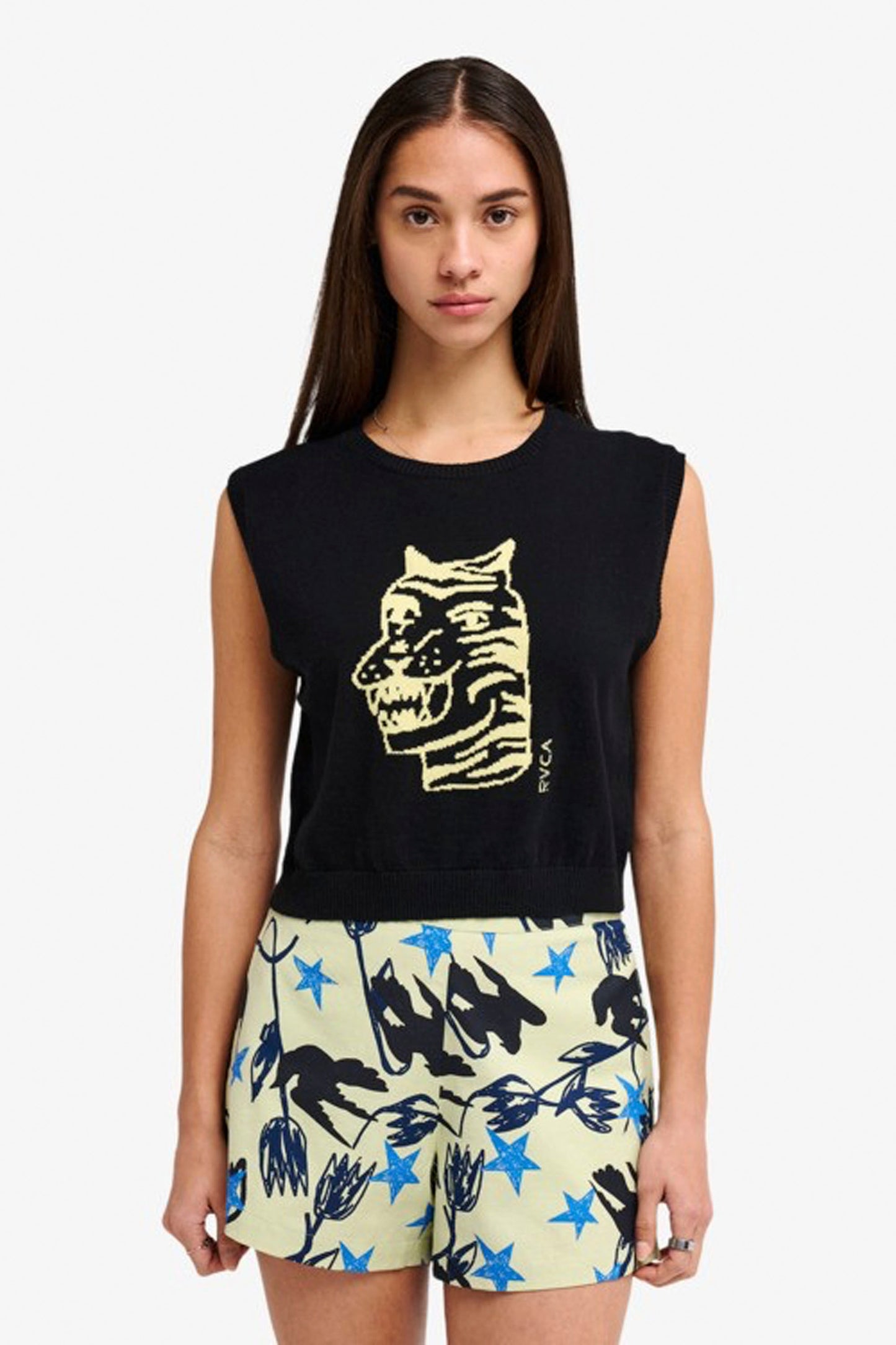 RVCA AF Tiger Sweater in KYG0 – women's yellow graphic sweater, new arrival at Pukas Surf Shop