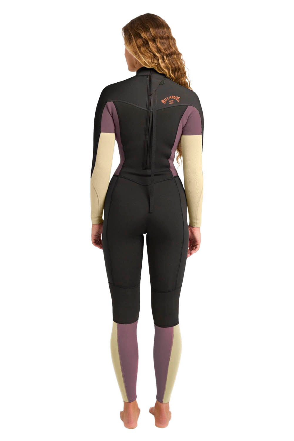 Black and purple wetsuit worn by a model on a white background