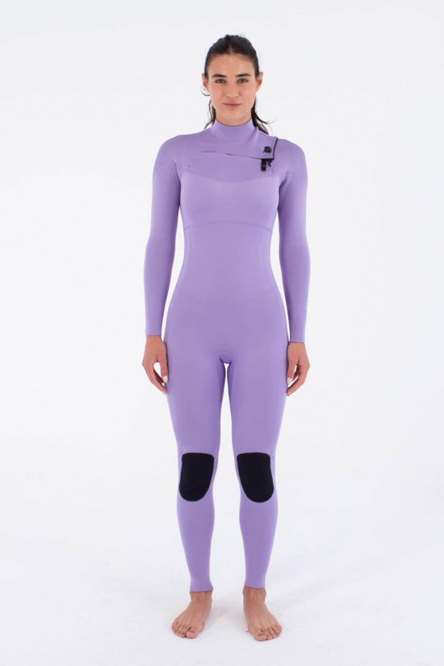 Person wearing a lavender HURLEY Air 3/2mm wetsuit with black patches on a white background
