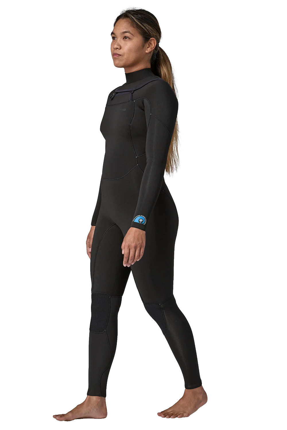 Person wearing a black wetsuit on a white background