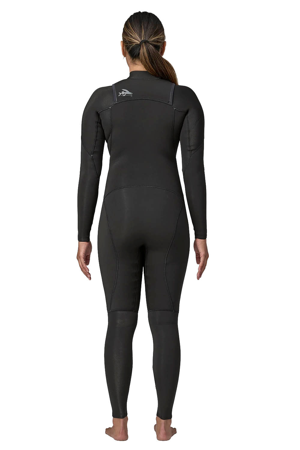 Person wearing a black wetsuit on a white background