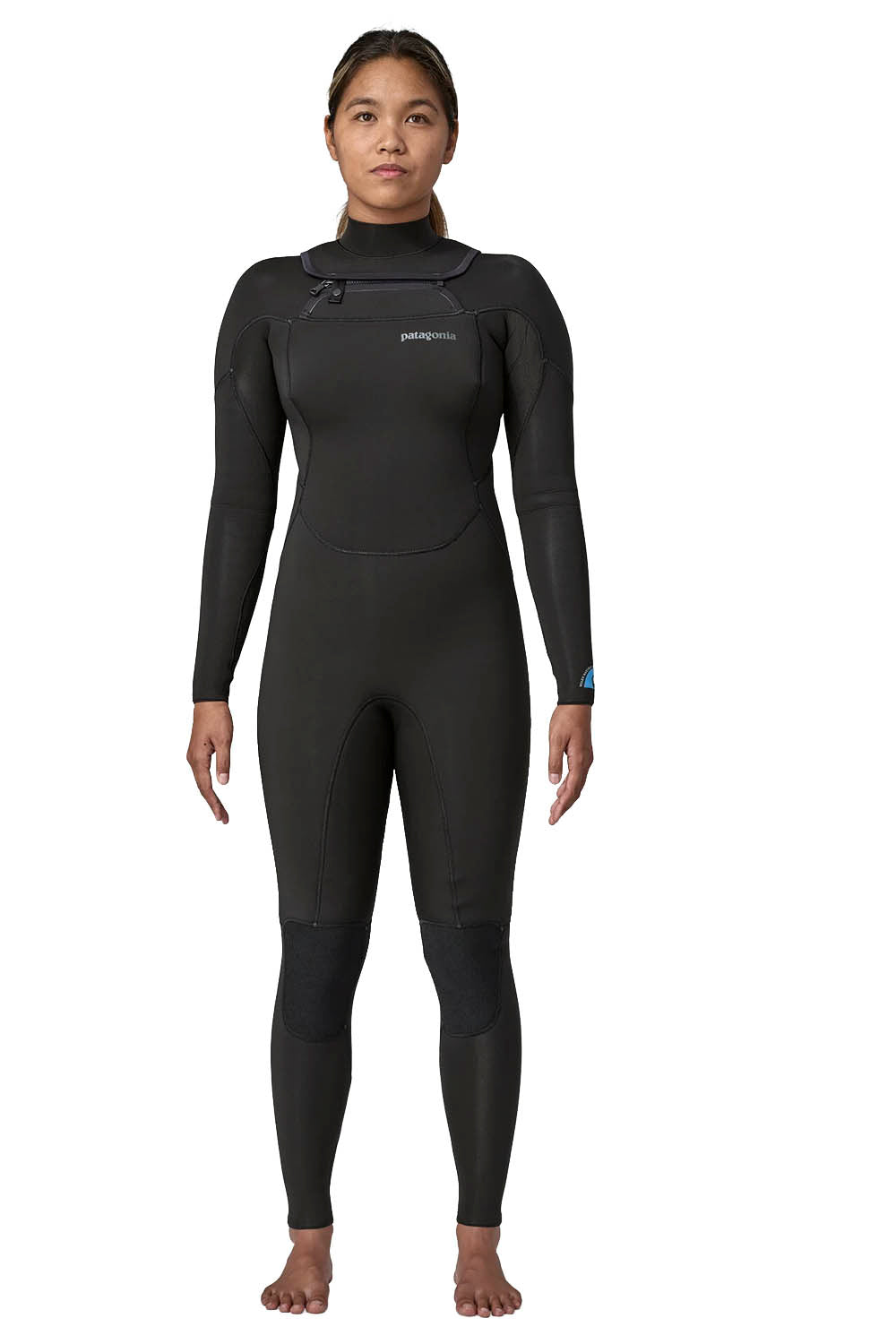 Person wearing a black wetsuit on a white background