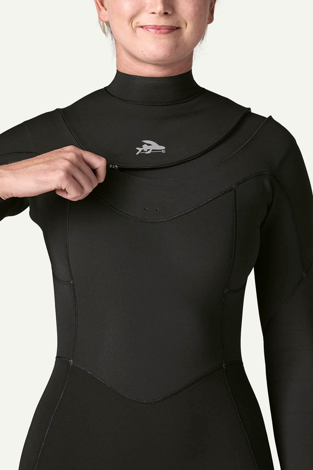 Patagonia Regulator 3/2mm U-Zip Fullsuit in Black — women's Yulex® natural rubber wetsuit with U-zip entry and recycled NetPlus® linings