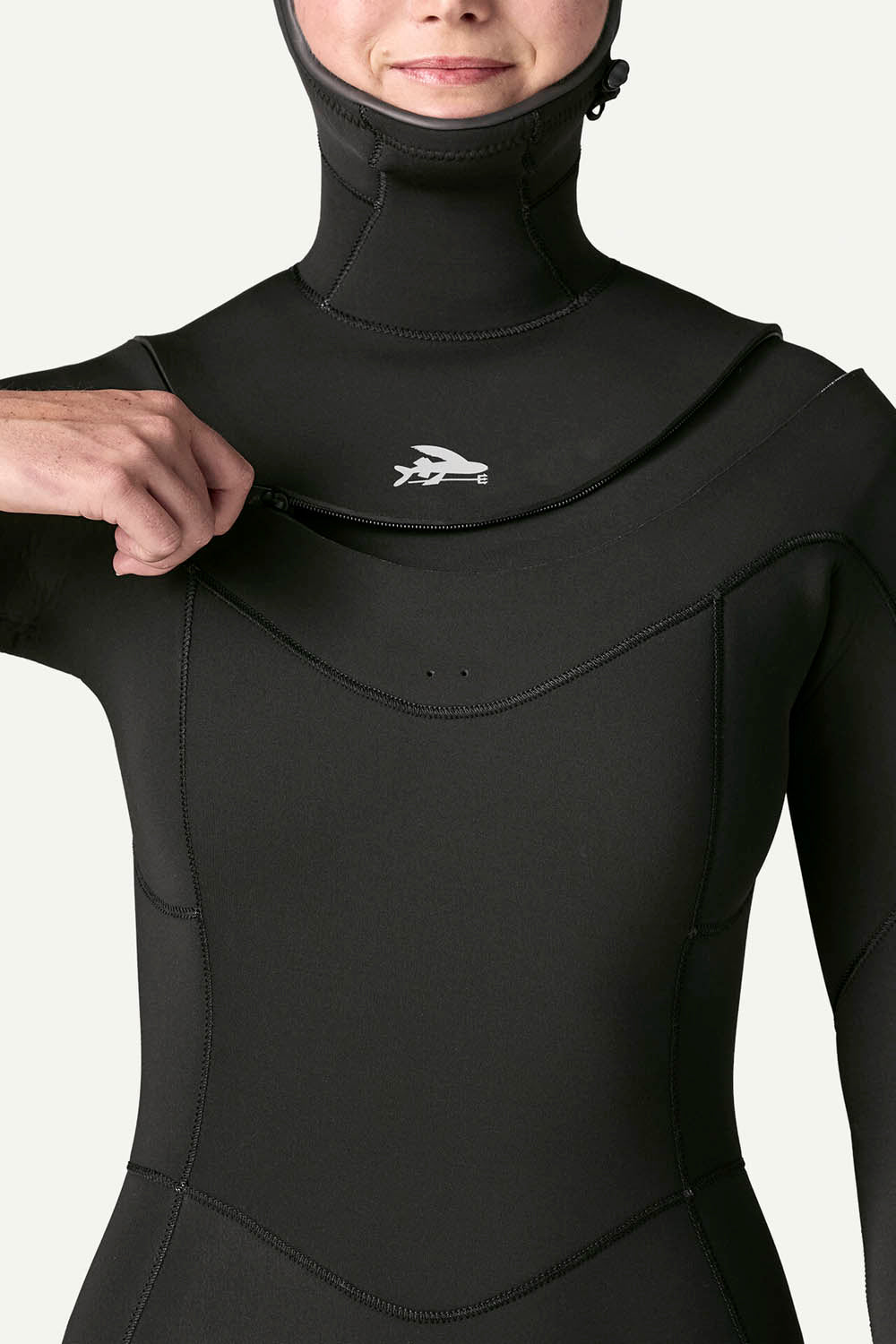 Patagonia Regulator 5/4mm Hooded Suit in Black — women's Yulex® natural rubber full hooded wetsuit with U-zip entry and recycled NetPlus® linings