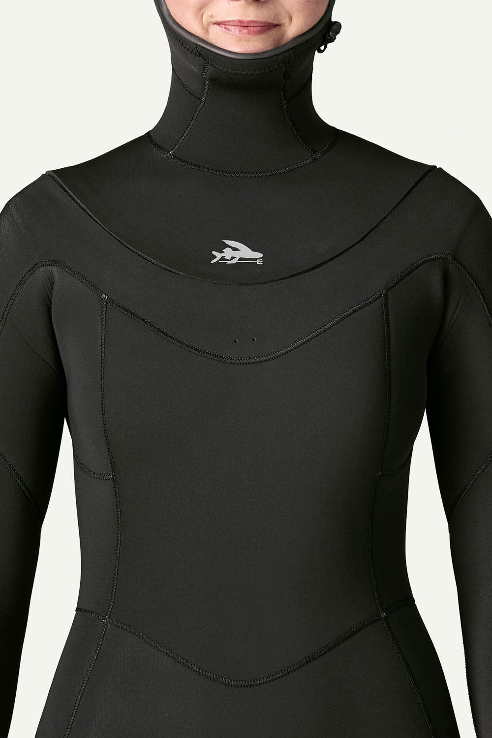 Patagonia Regulator 5/4mm Hooded Suit in Black — women's Yulex® natural rubber full hooded wetsuit with U-zip entry and recycled NetPlus® linings