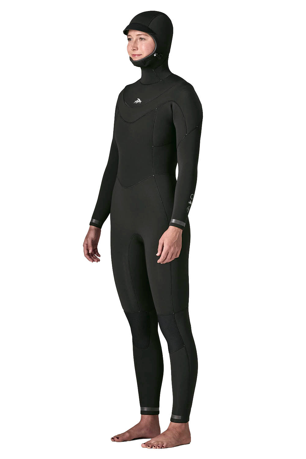Patagonia Regulator 5/4mm Hooded Suit in Black — women's Yulex® natural rubber full hooded wetsuit with U-zip entry and recycled NetPlus® linings