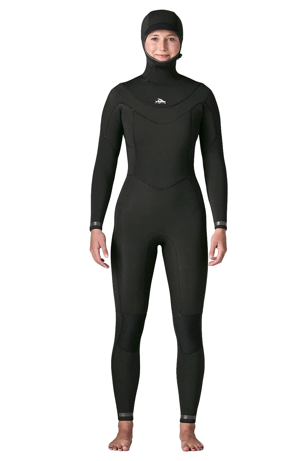Patagonia Regulator 5/4mm Hooded Suit in Black — women's Yulex® natural rubber full hooded wetsuit with U-zip entry and recycled NetPlus® linings