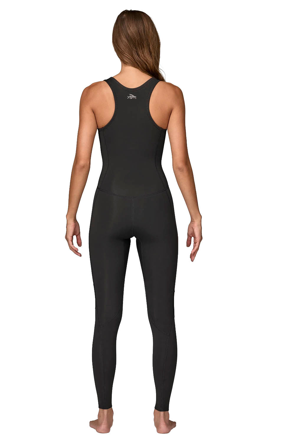 Black bodysuit worn by a model on a white background
